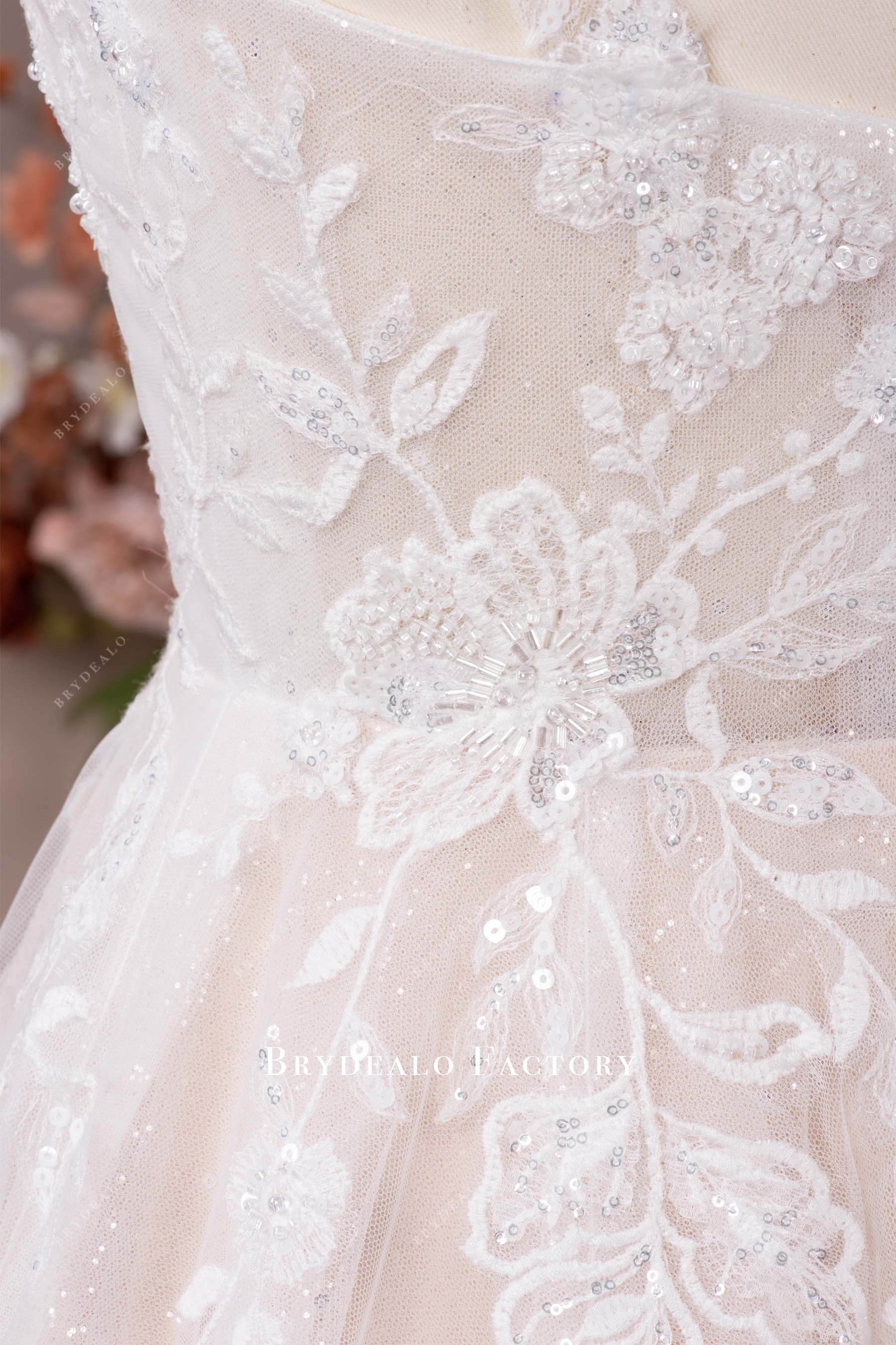 delicate beaded flower lace bridal gown