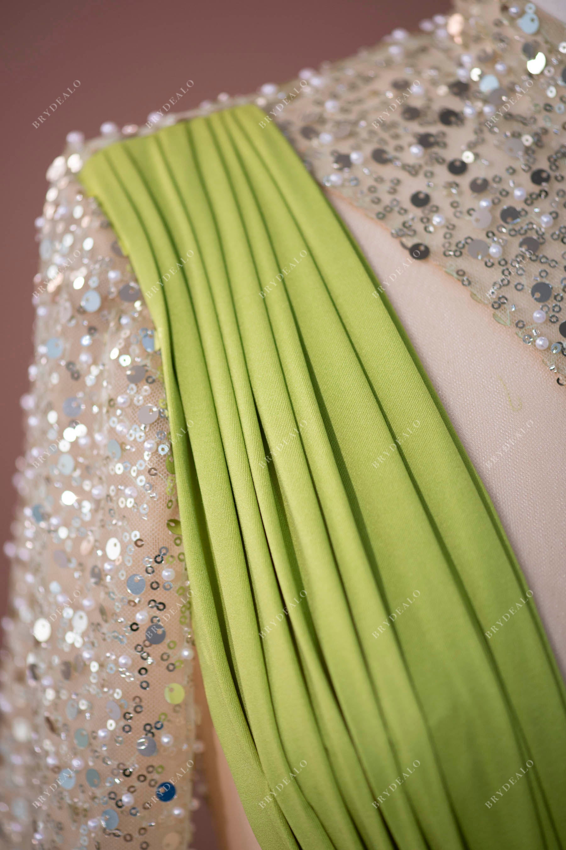 pleated jersey green formal gown