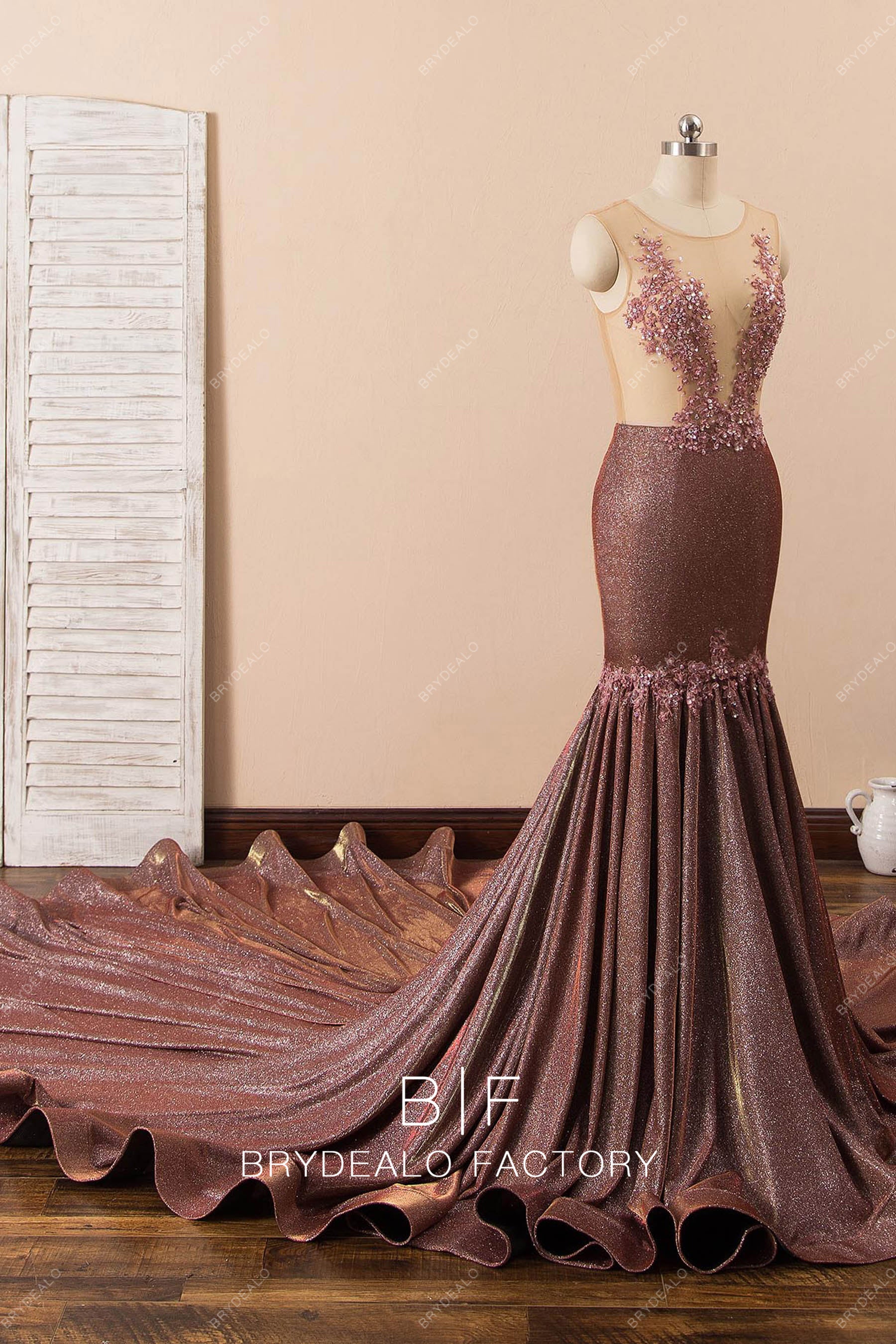 shimmery sheer neck long train evening dress