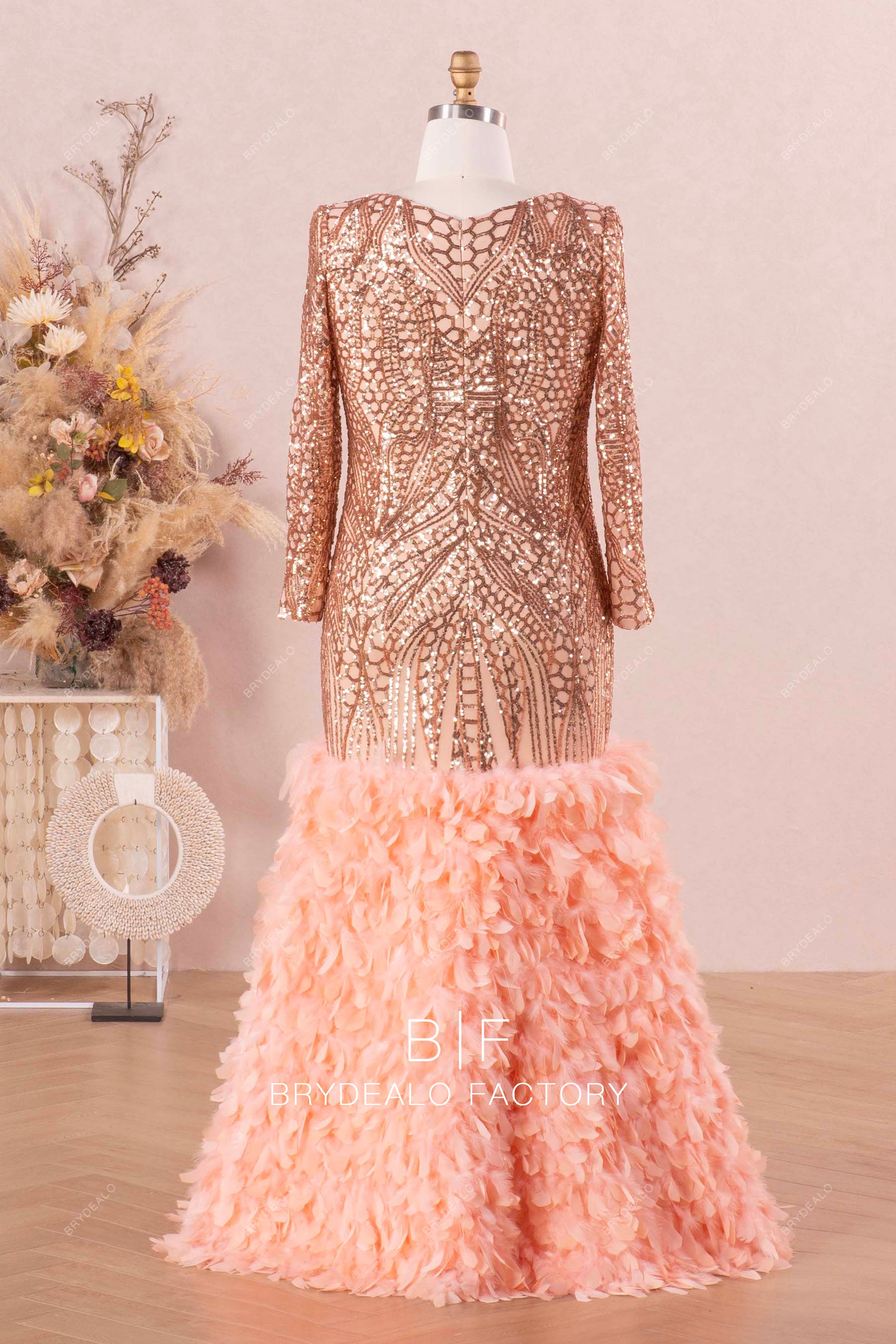 sparkly long sleeve feather formal dress