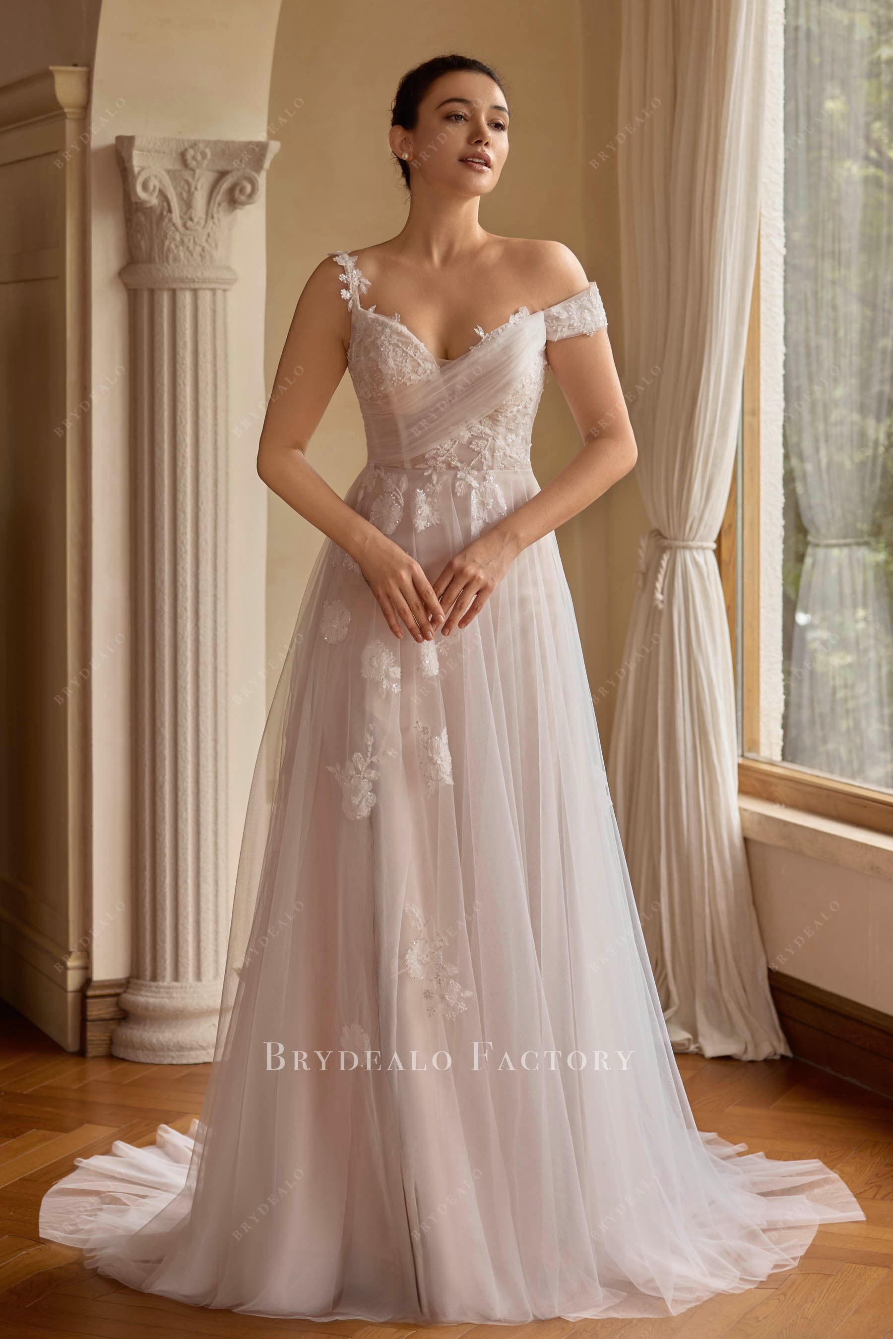 drop sleeve asymmetric neckline wedding dress