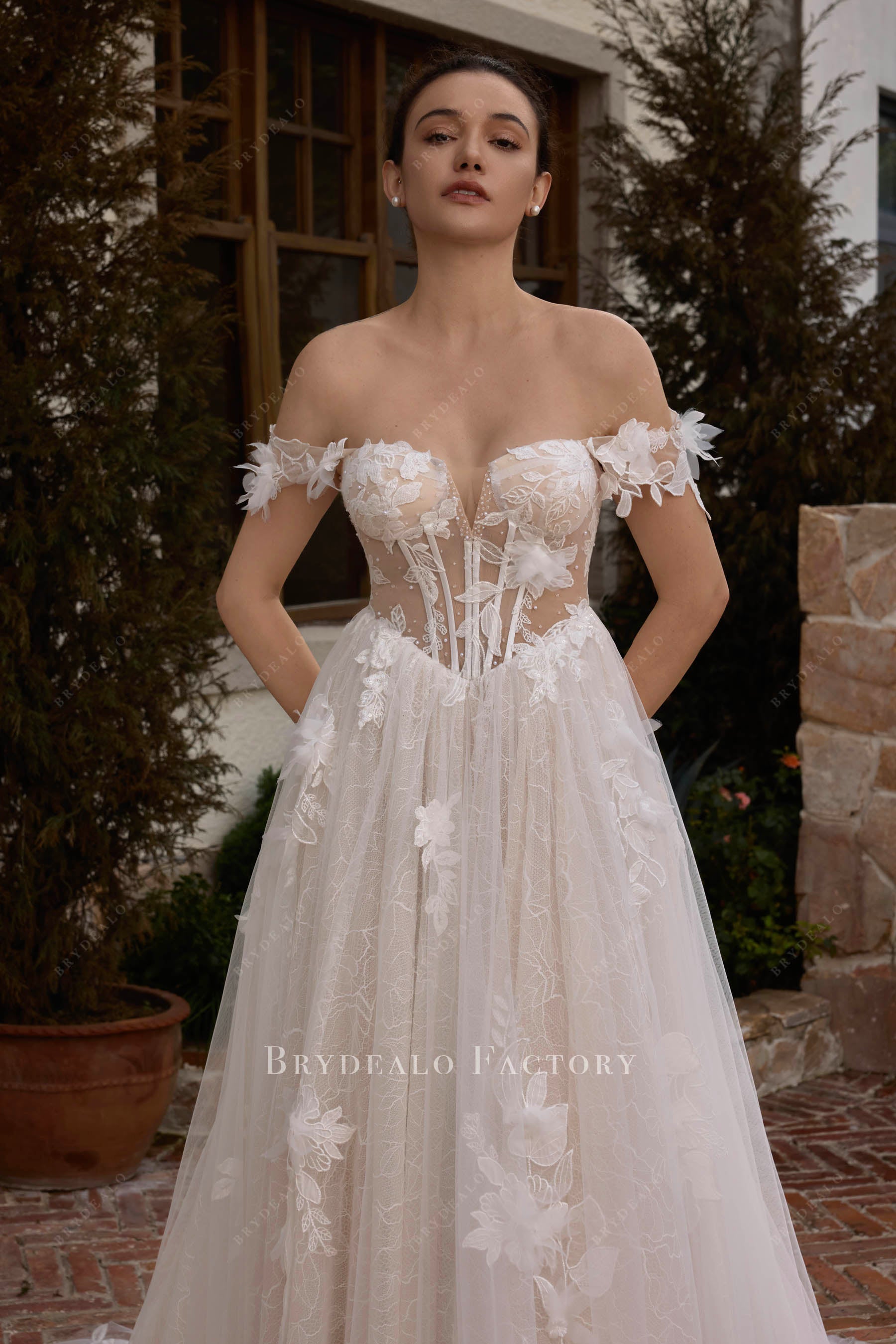 drop sleeve corset wedding dress