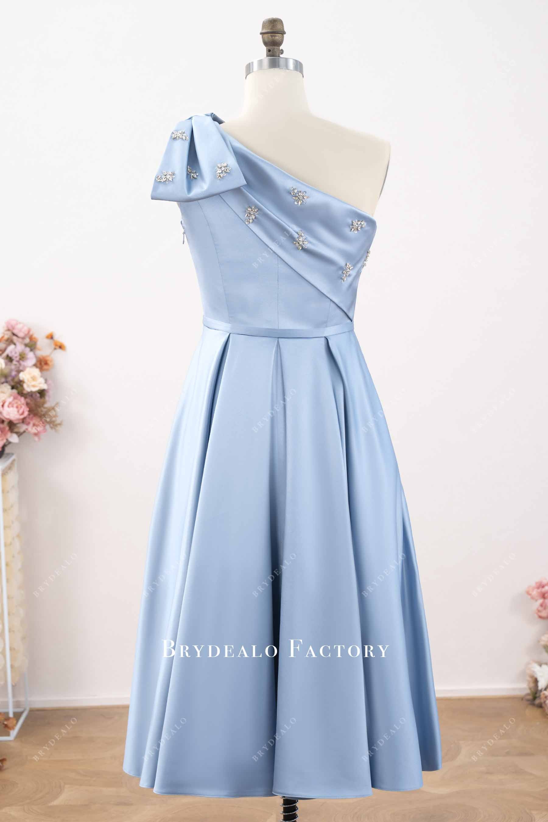 Dusty Blue One Shoulder Rhinestone Bowknot Mother of Bride Dress – Brydealo