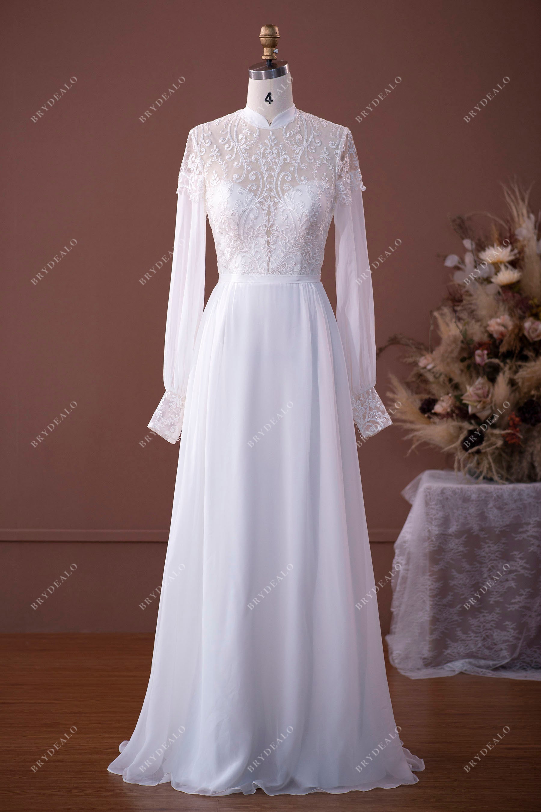 high neck lace chiffon A-line wedding dress