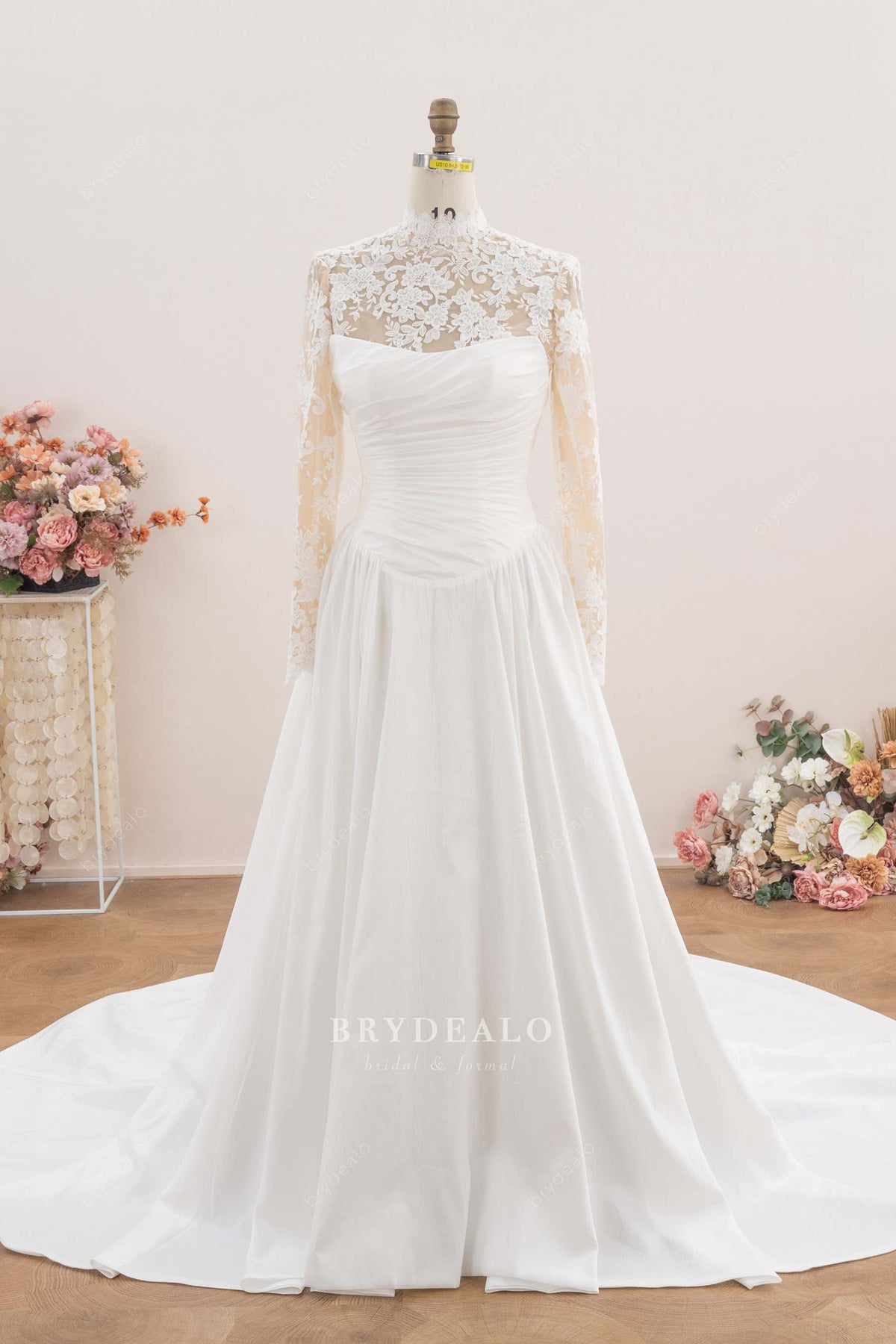 elegant long sleeve drop waist wedding dress