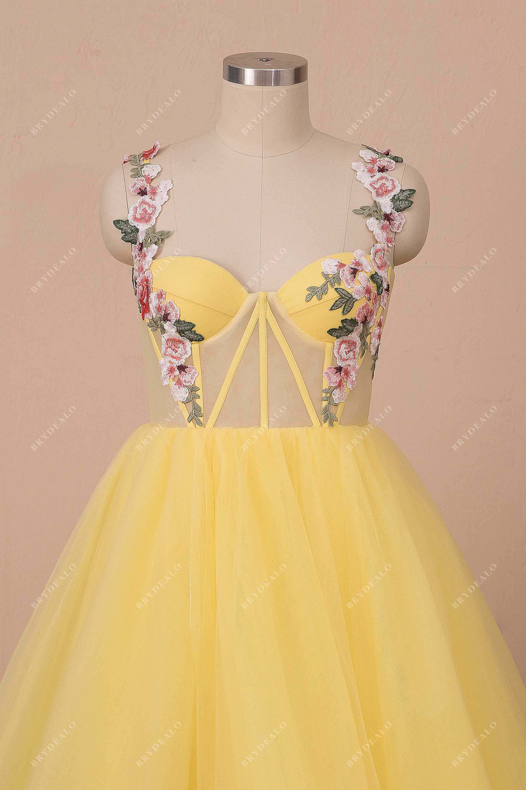 embroidery straps sheer corset formal gown