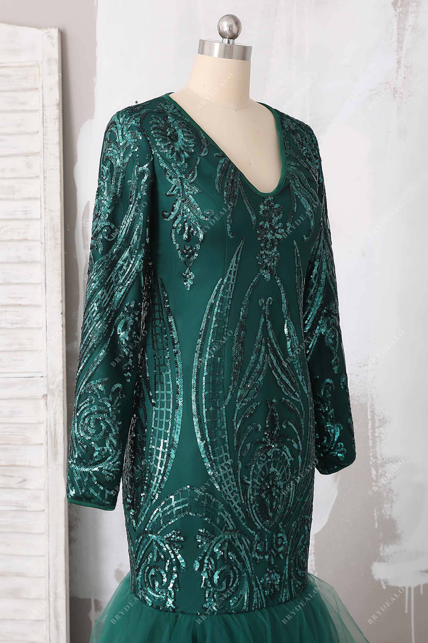 emerald green sequin long sleeve formal dress