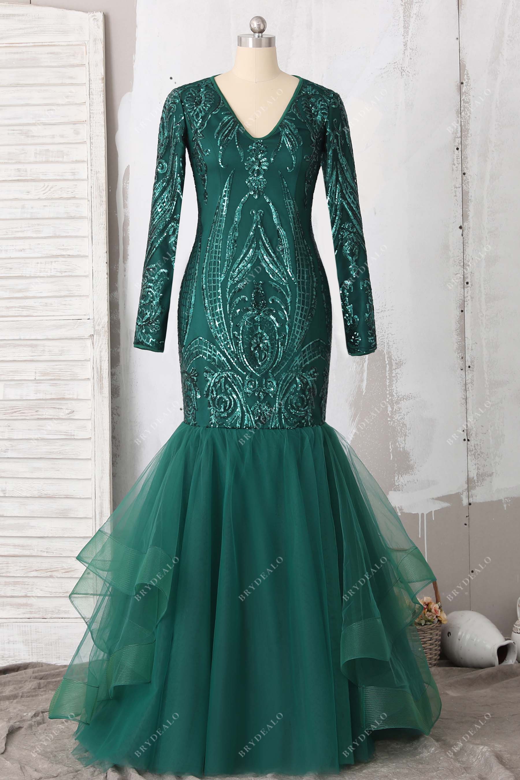 emerald green long sleeve sequin tulle prom dress