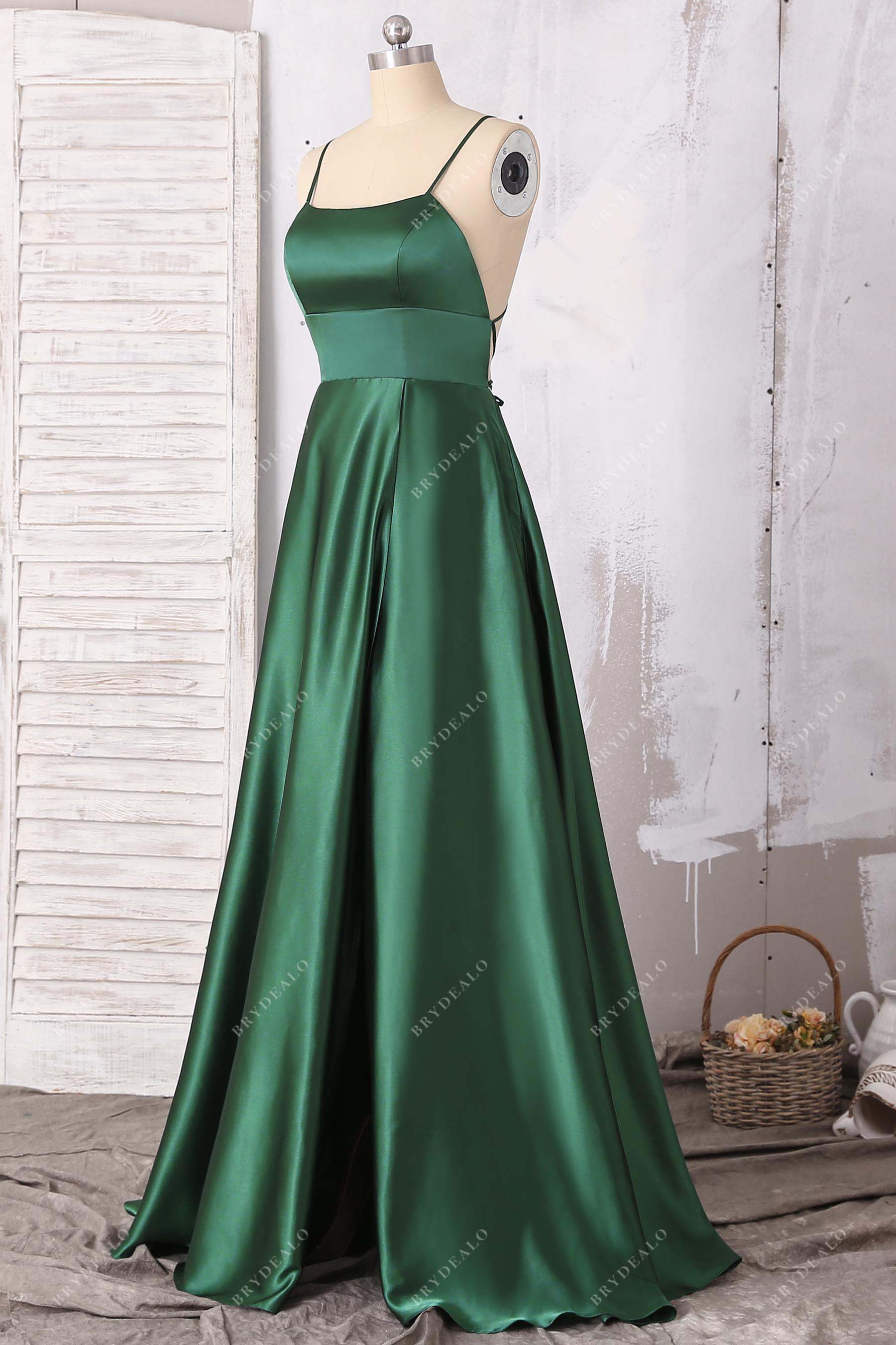 Emerald Green Strappy Back Sexy Slit A-line Satin Dress Brydealo Emerald Green Strappy Back Sexy Slit A-line Satin Dress Brydealo