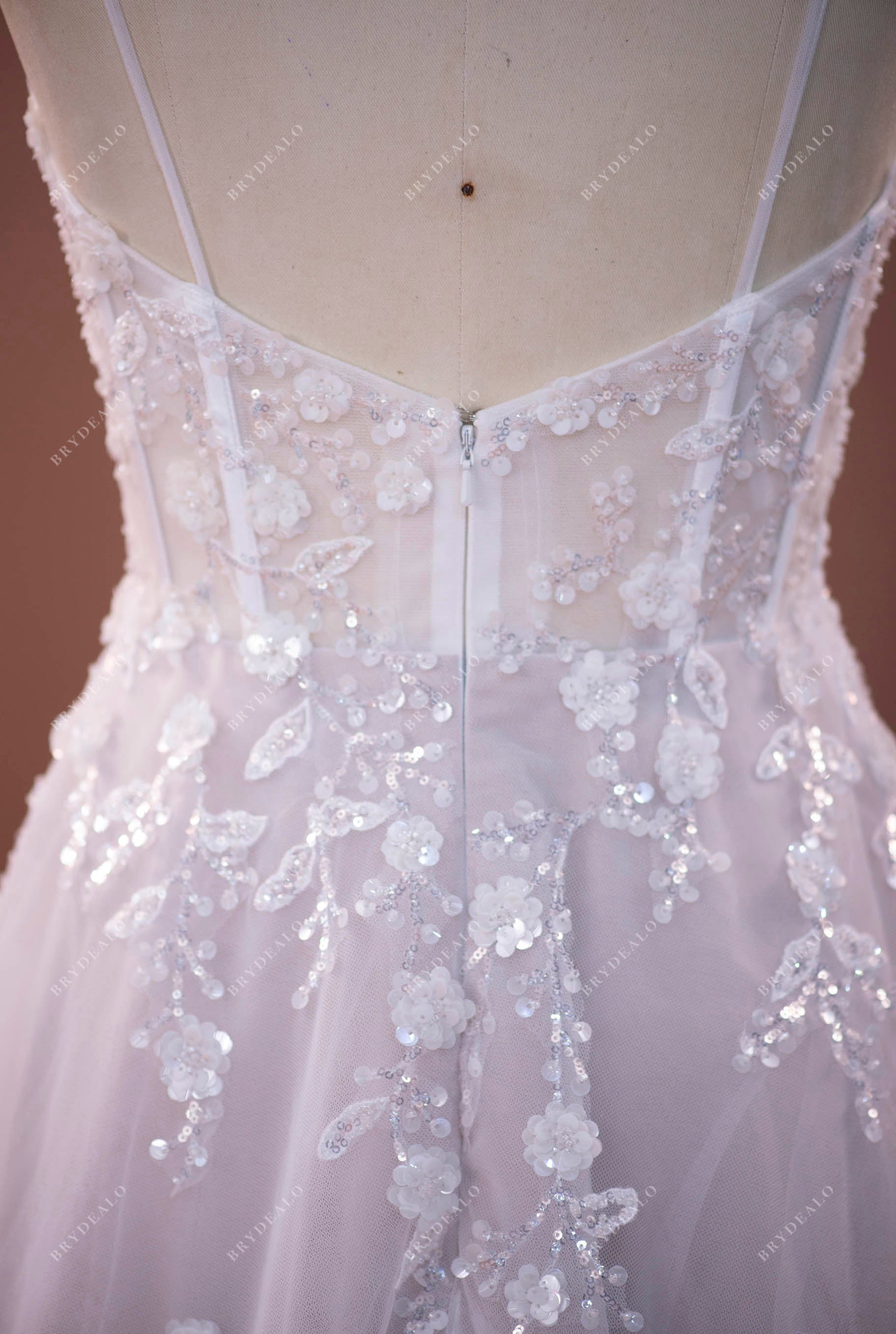 illusion back sequin flower lace wedding dress