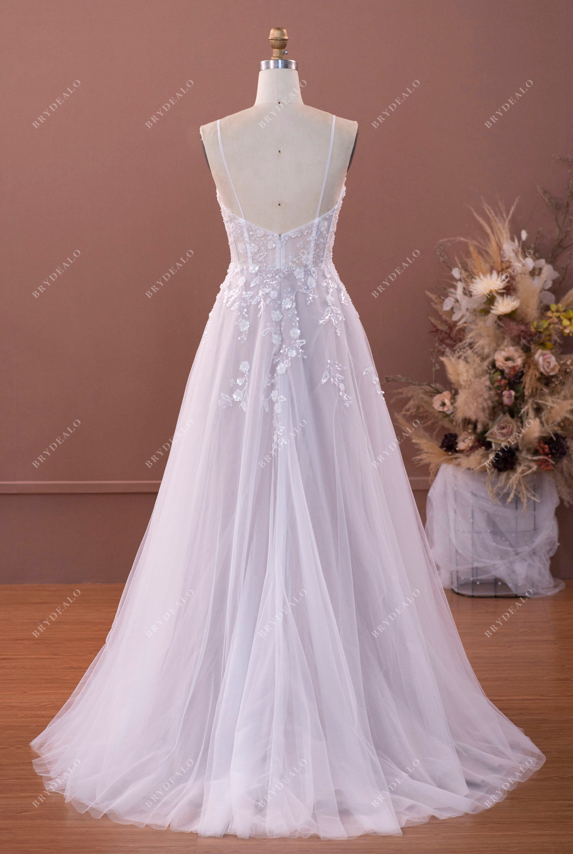 straps open back lace tulle a-line wedding dress