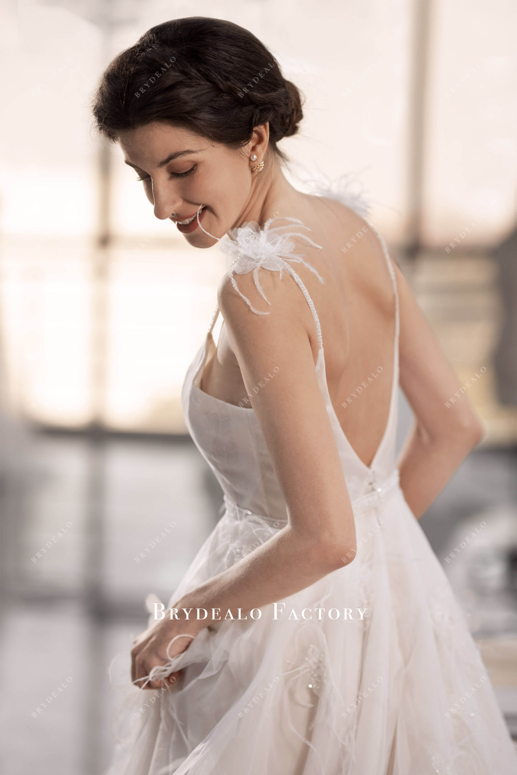 feather beaded thin straps wedding dress