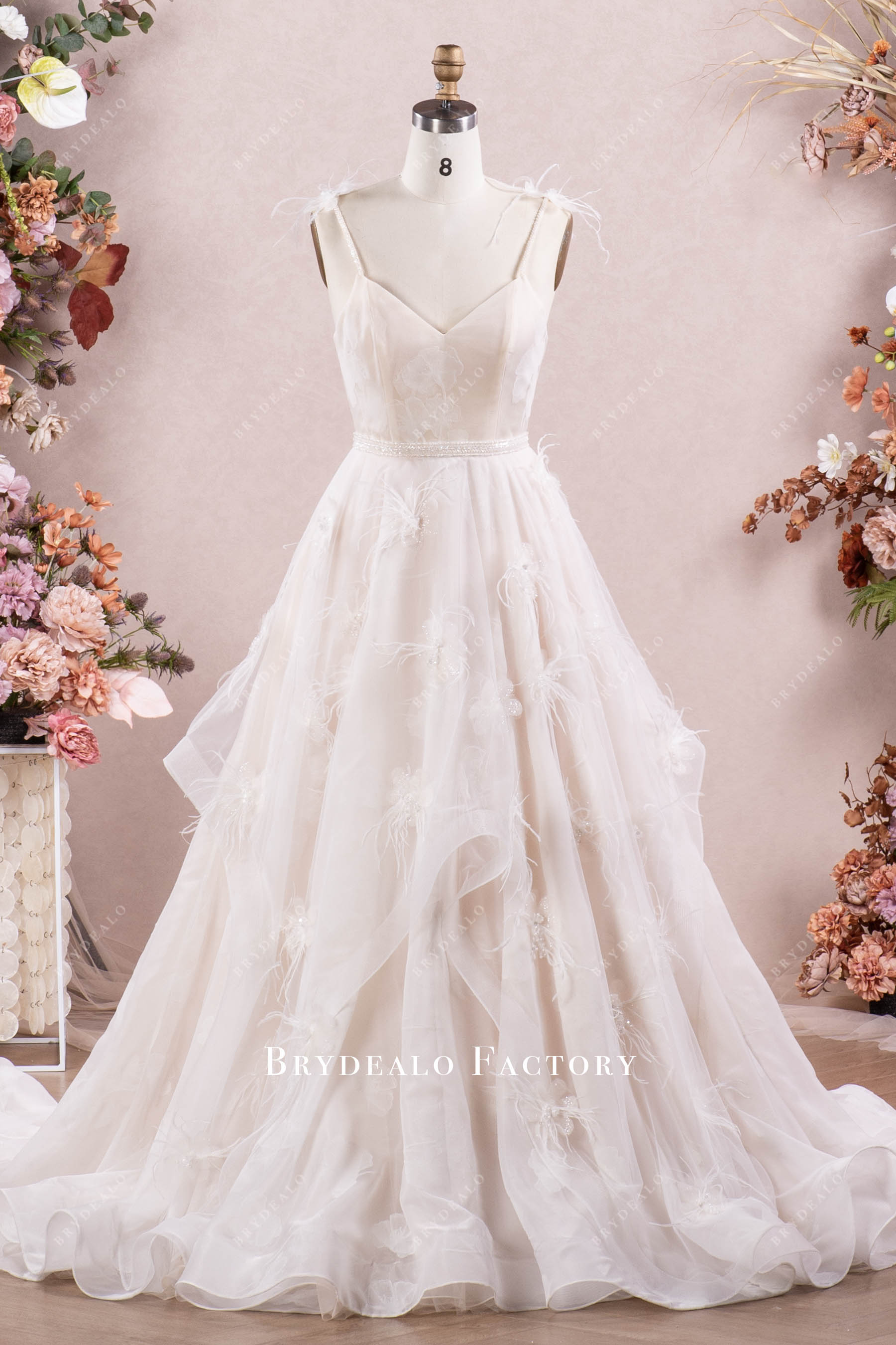 feather ruffled A-line wedding dress