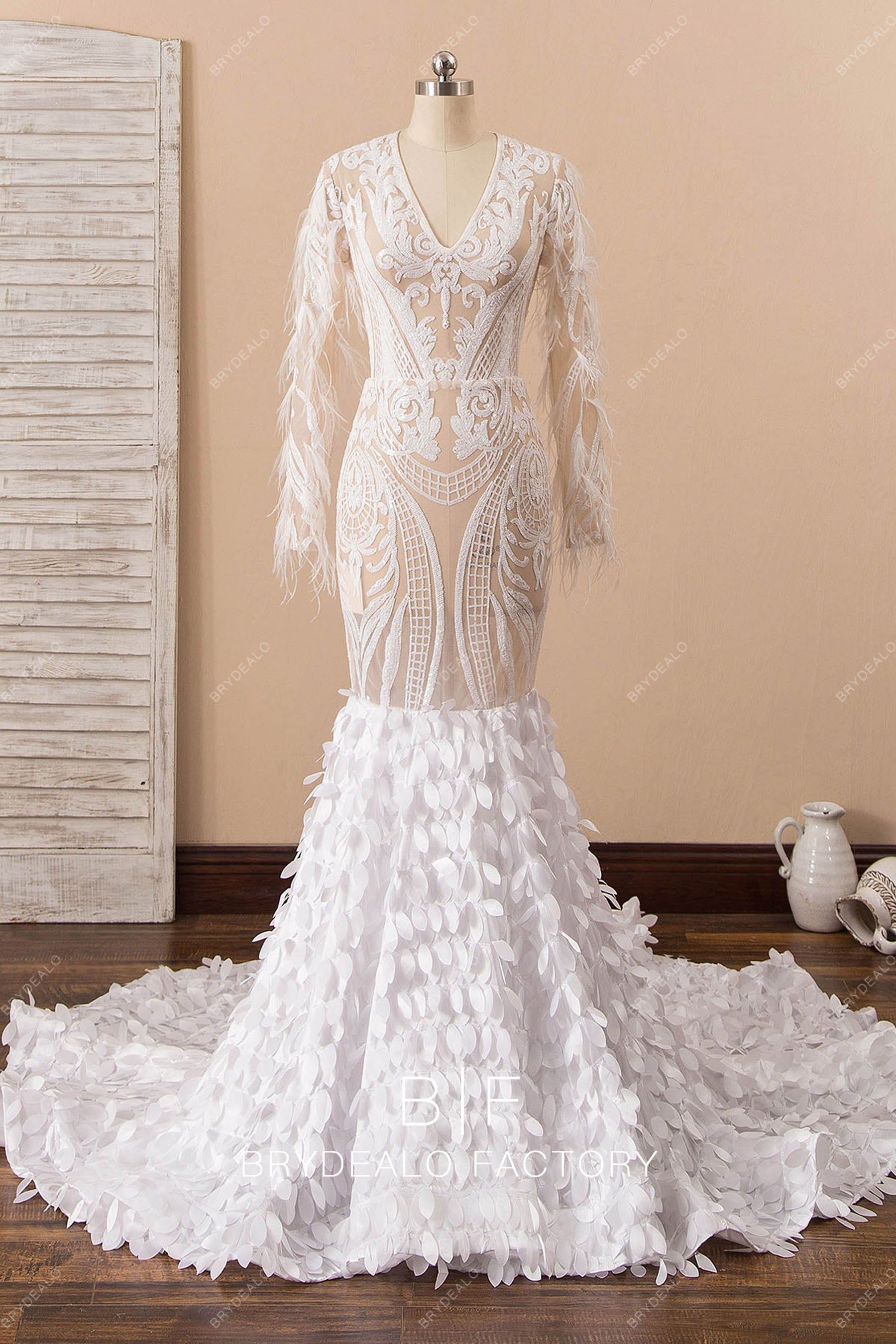 v-neck long sleeve feather mermaid prom dress