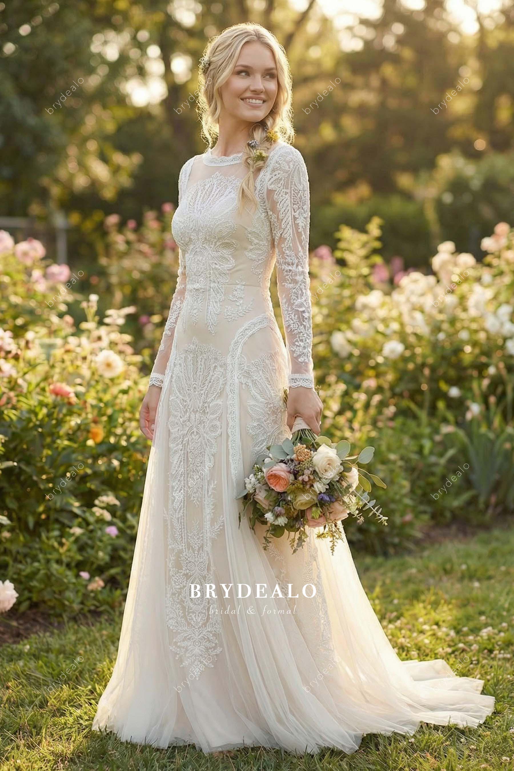 Boho Light Champagne Lace Fit Flare Wedding Dress