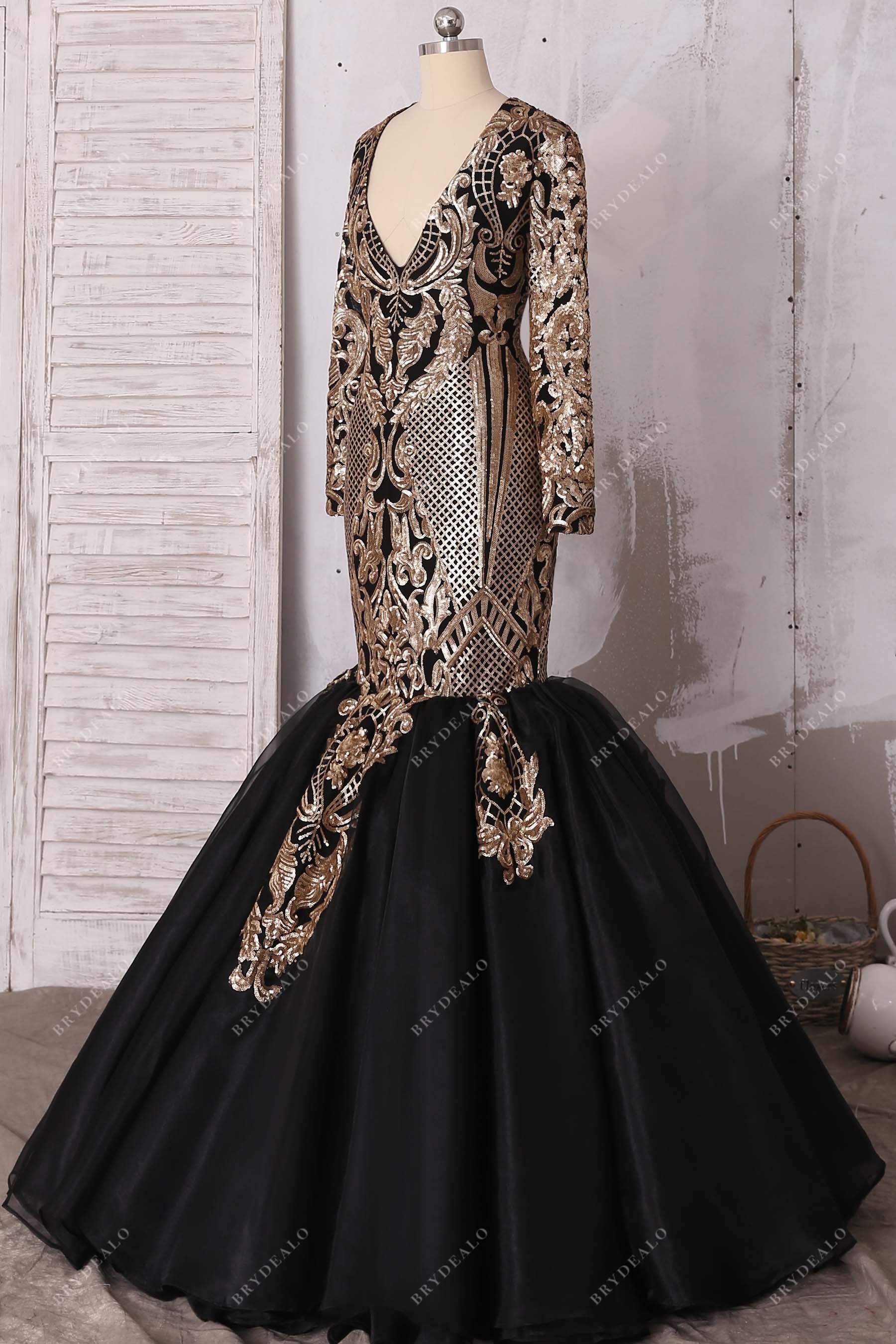 long sleeves gold black trumpet prom dress