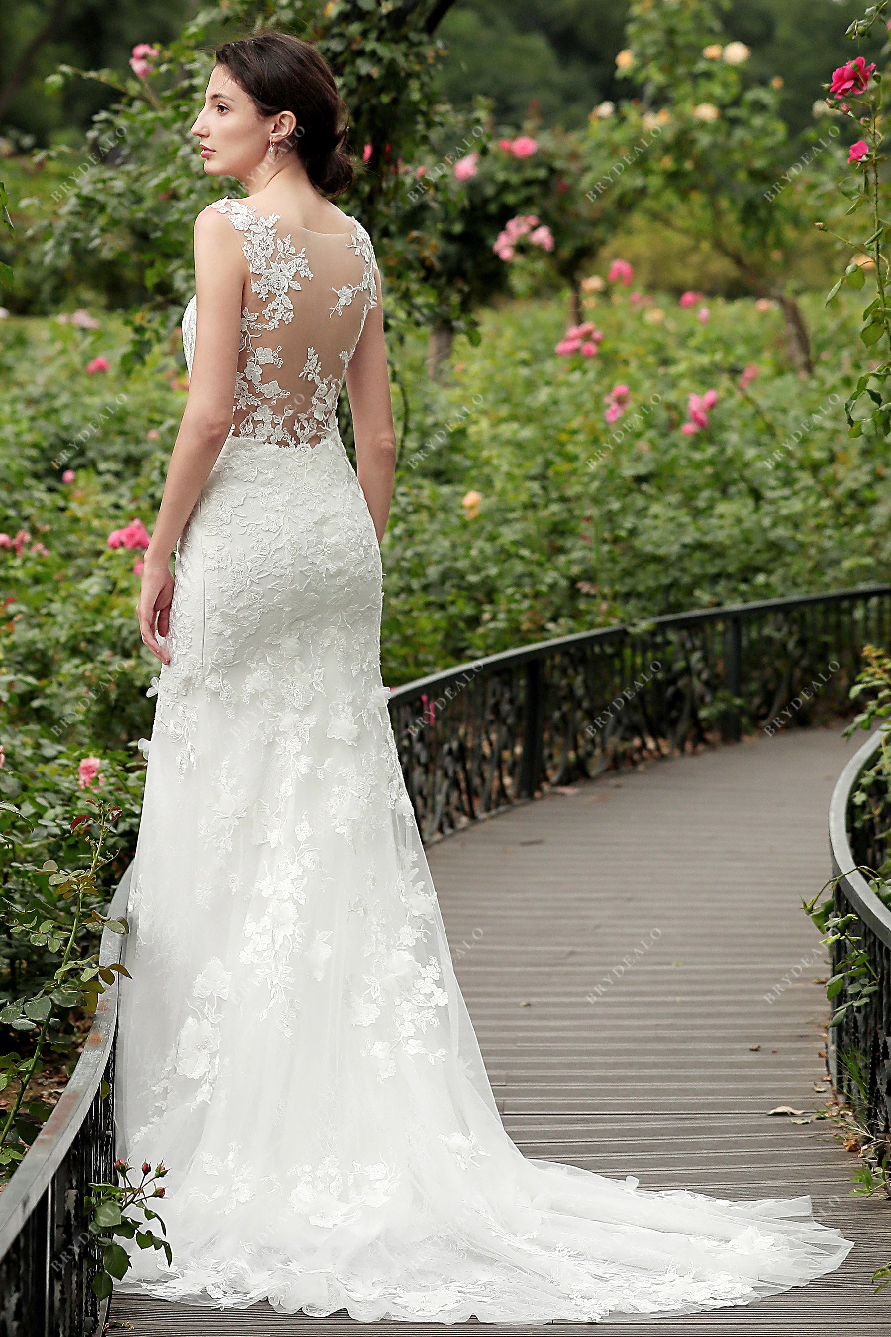illusion lace back long train wedding dress