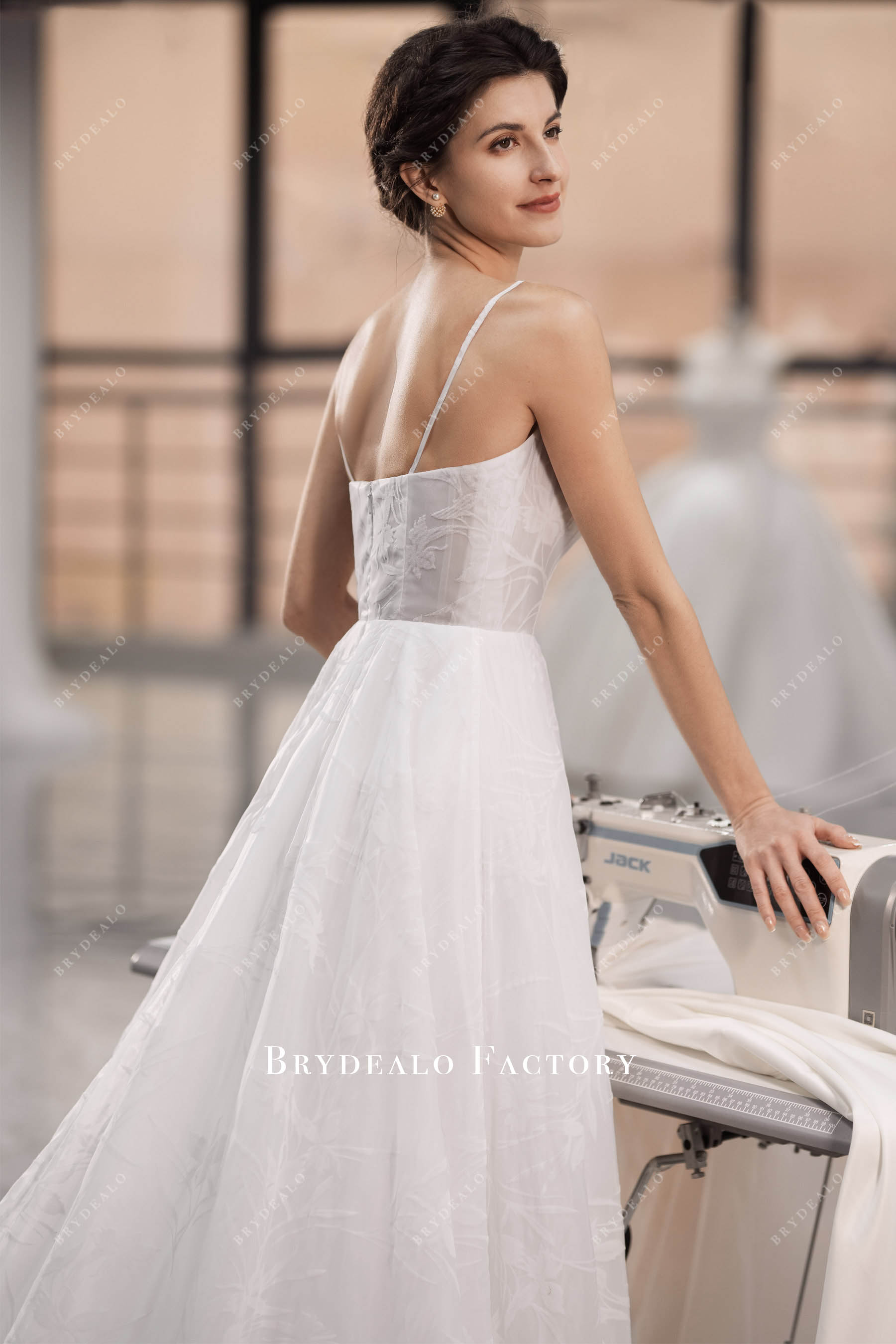 delicate floral organza spaghetti straps wedding dress
