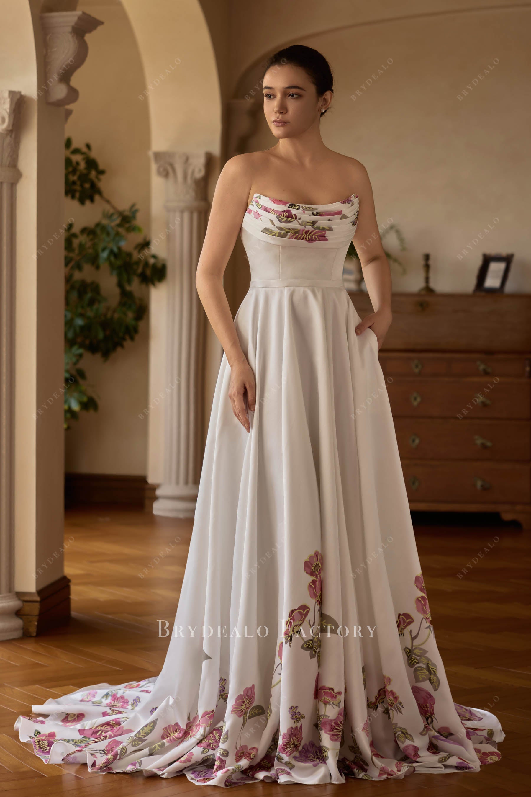 floral print a line wedding gown