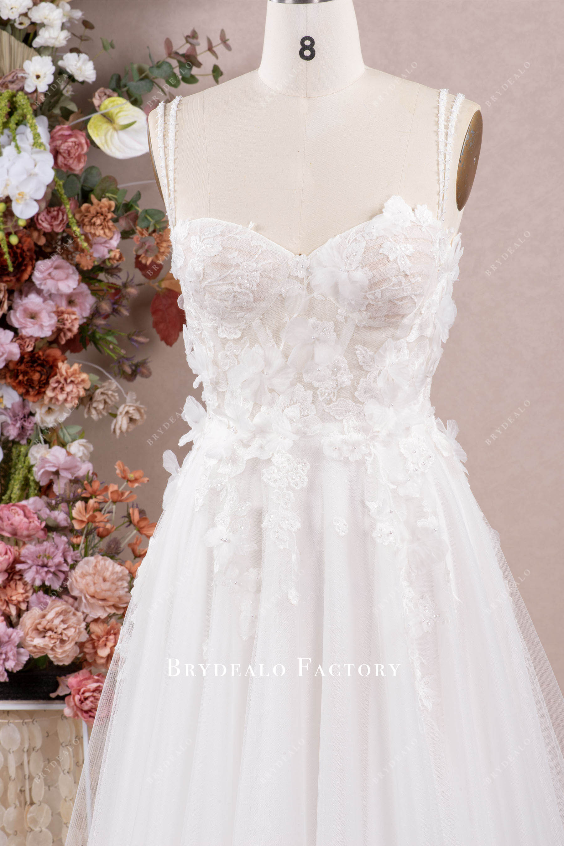 flower double straps sweetheart wedding dress