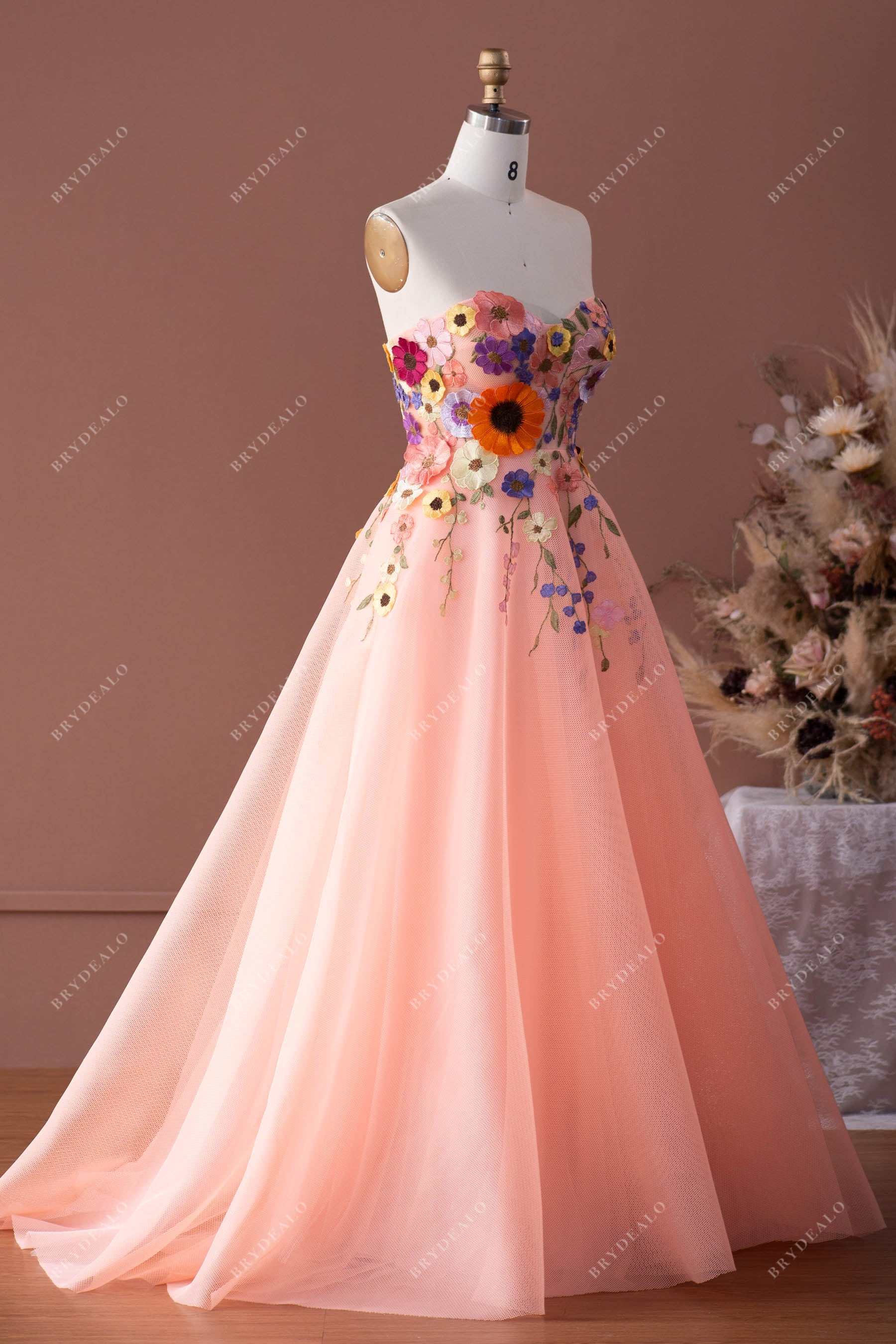 colourful flowers applique tulle prom dress