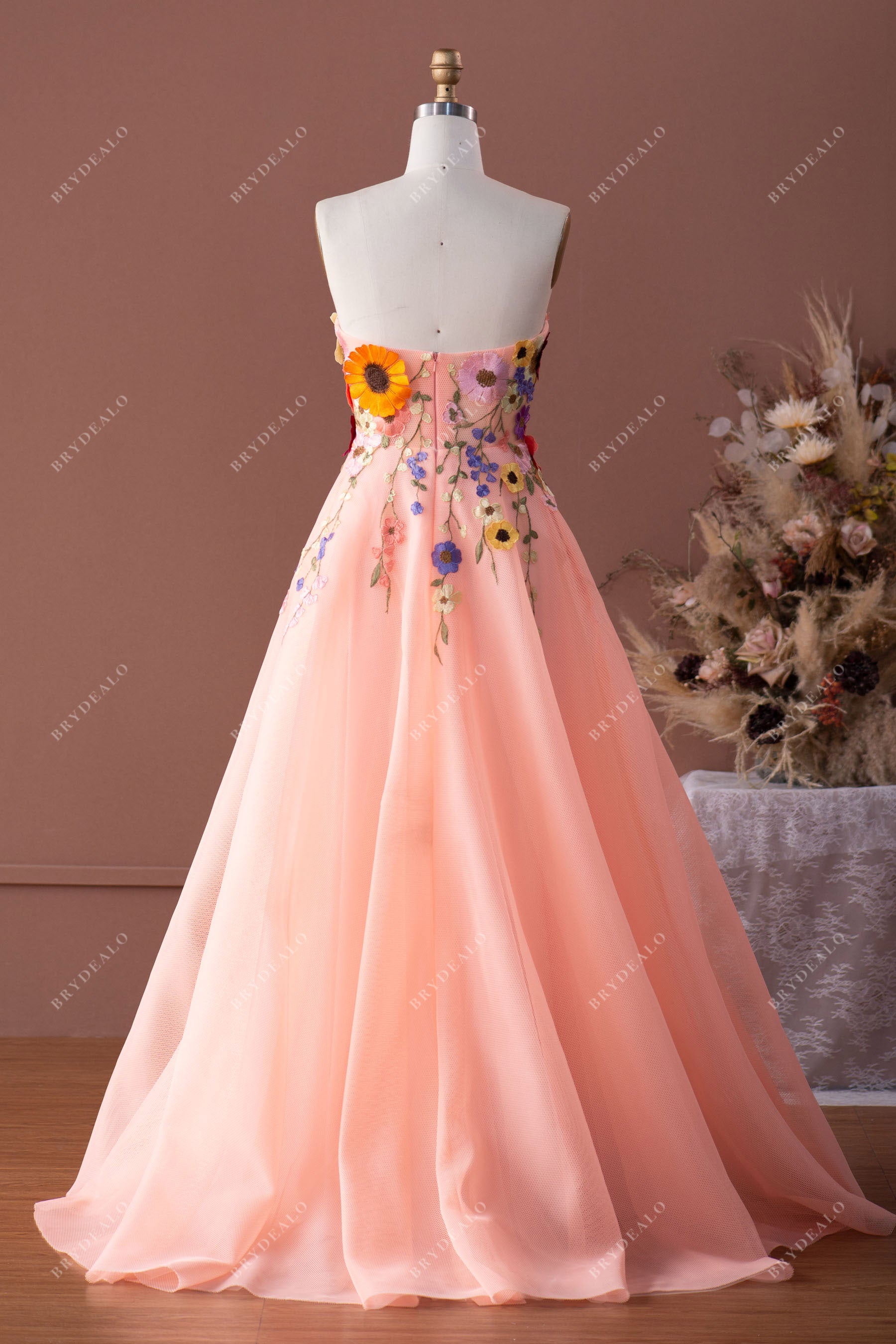 open back flower applique formal dress