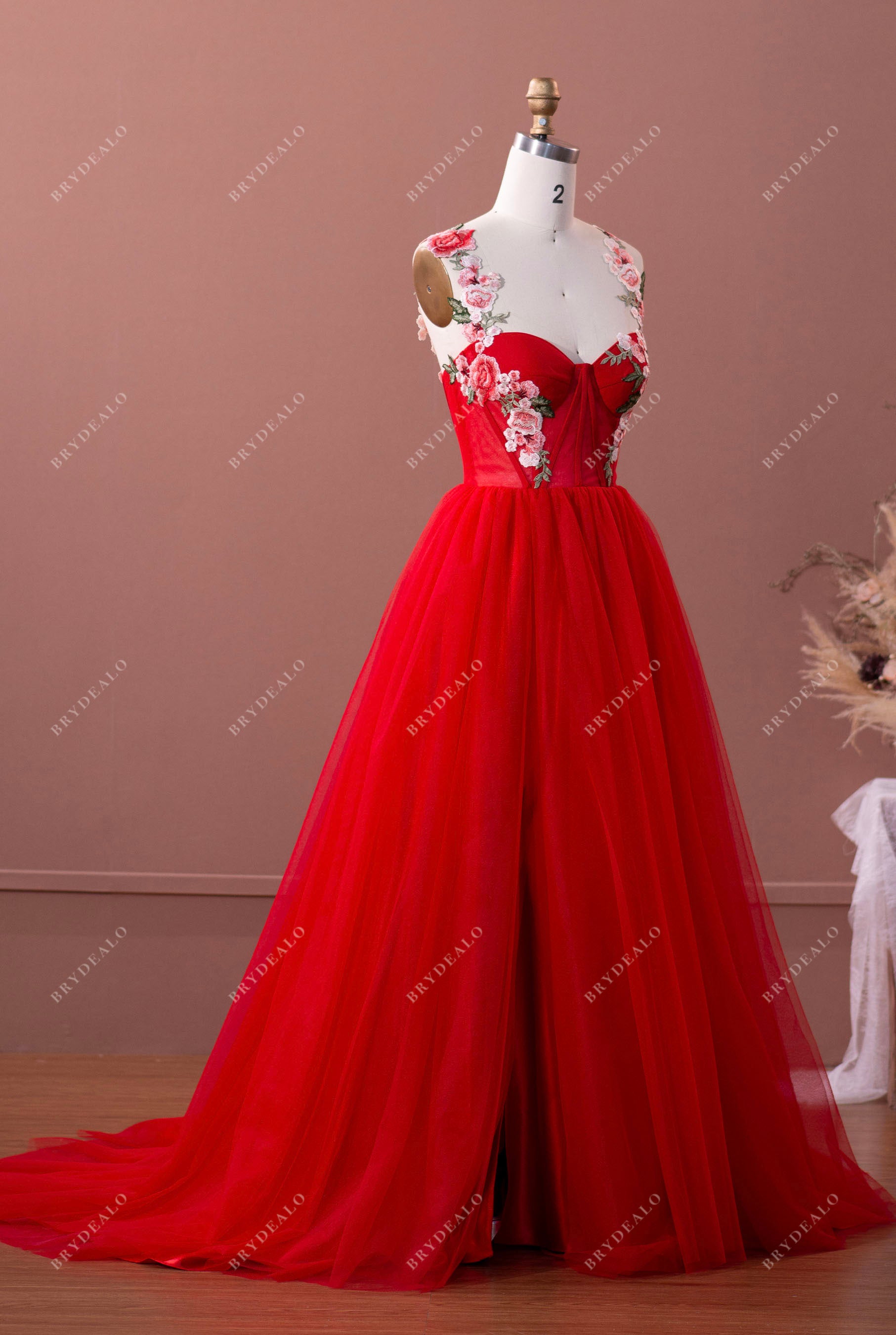 sweetheart neck slit tulle evening dress
