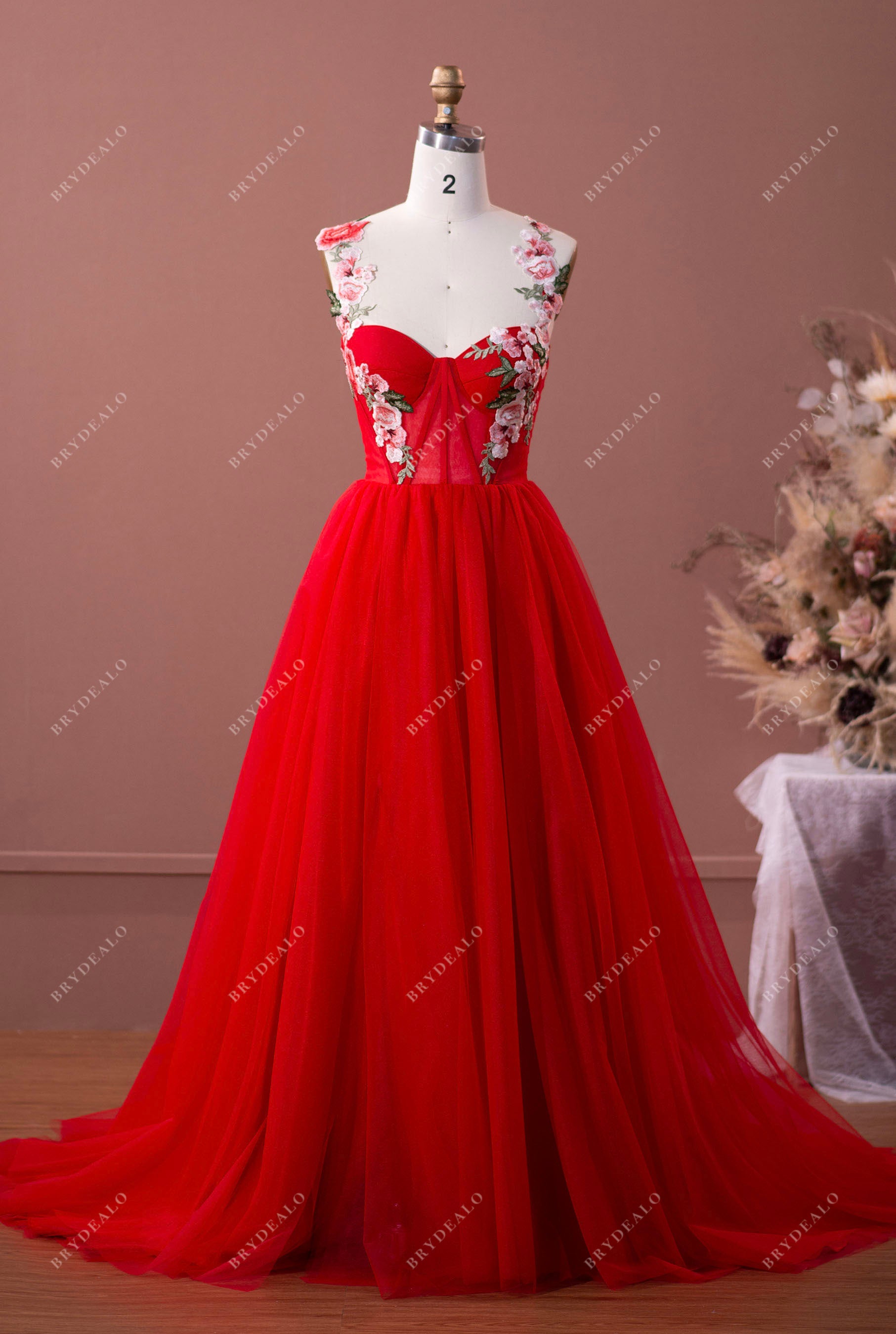 flower straps slit red tulle A-line prom dress