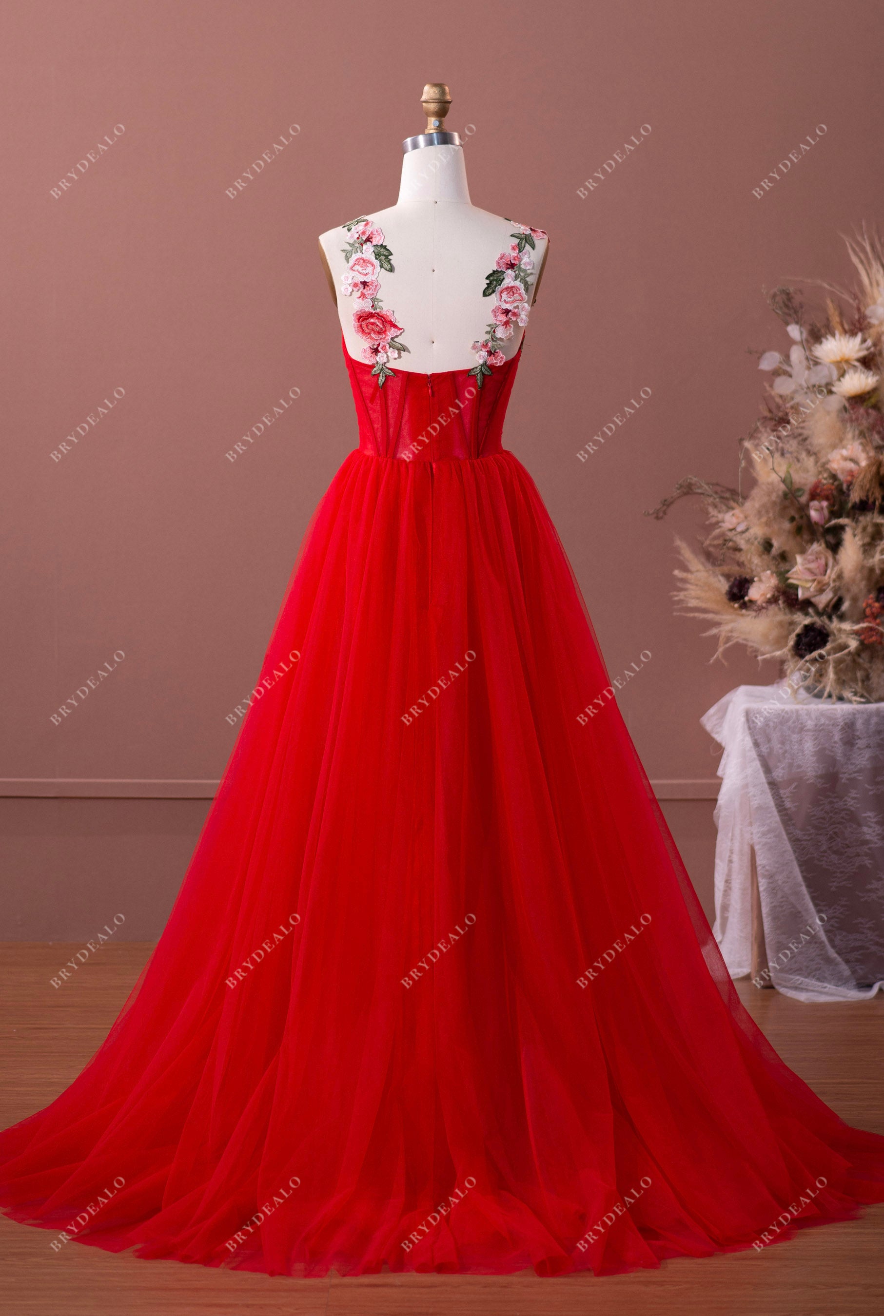 thin straps open back tulle prom dress