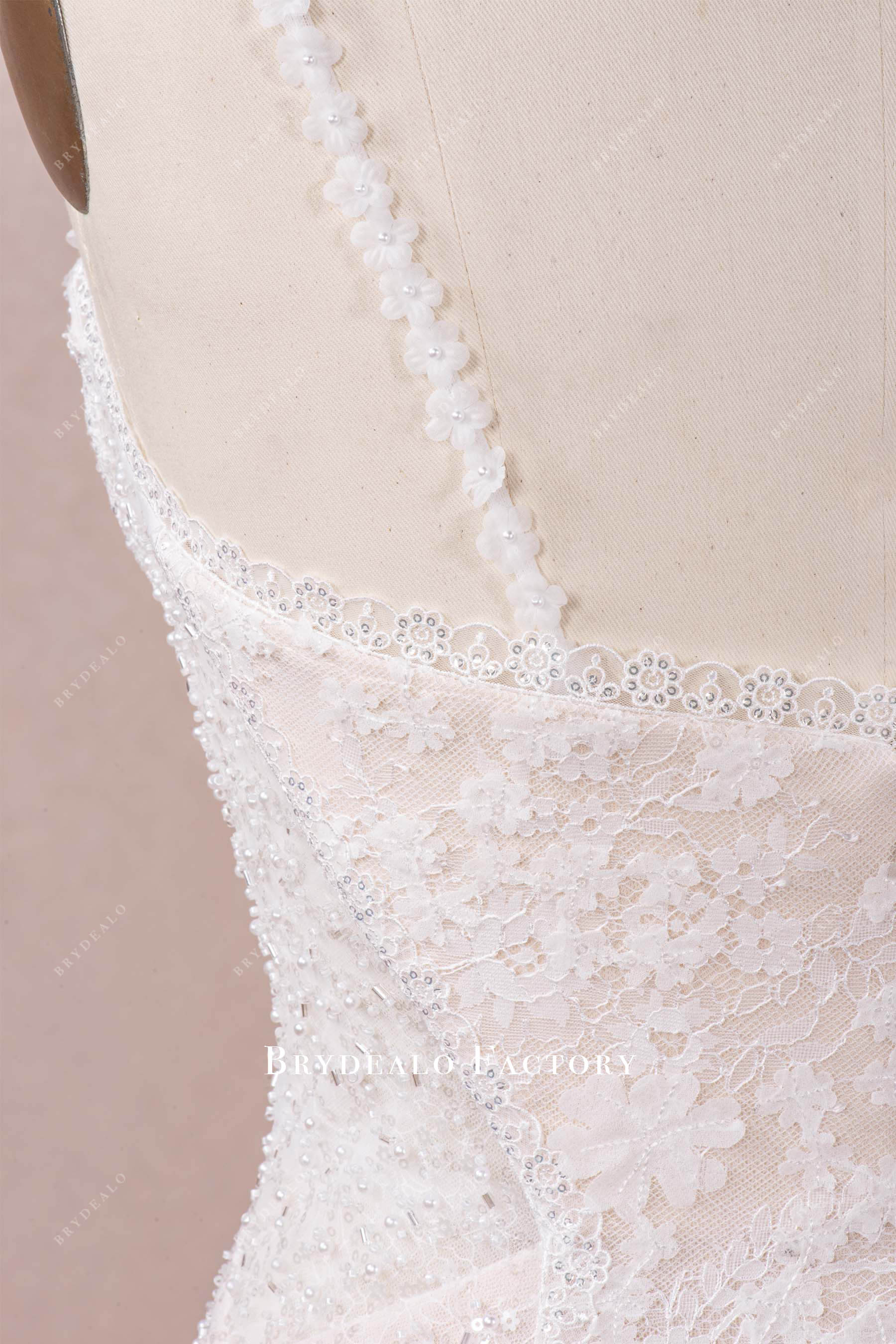 flower thin straps lace beaded wedding dress