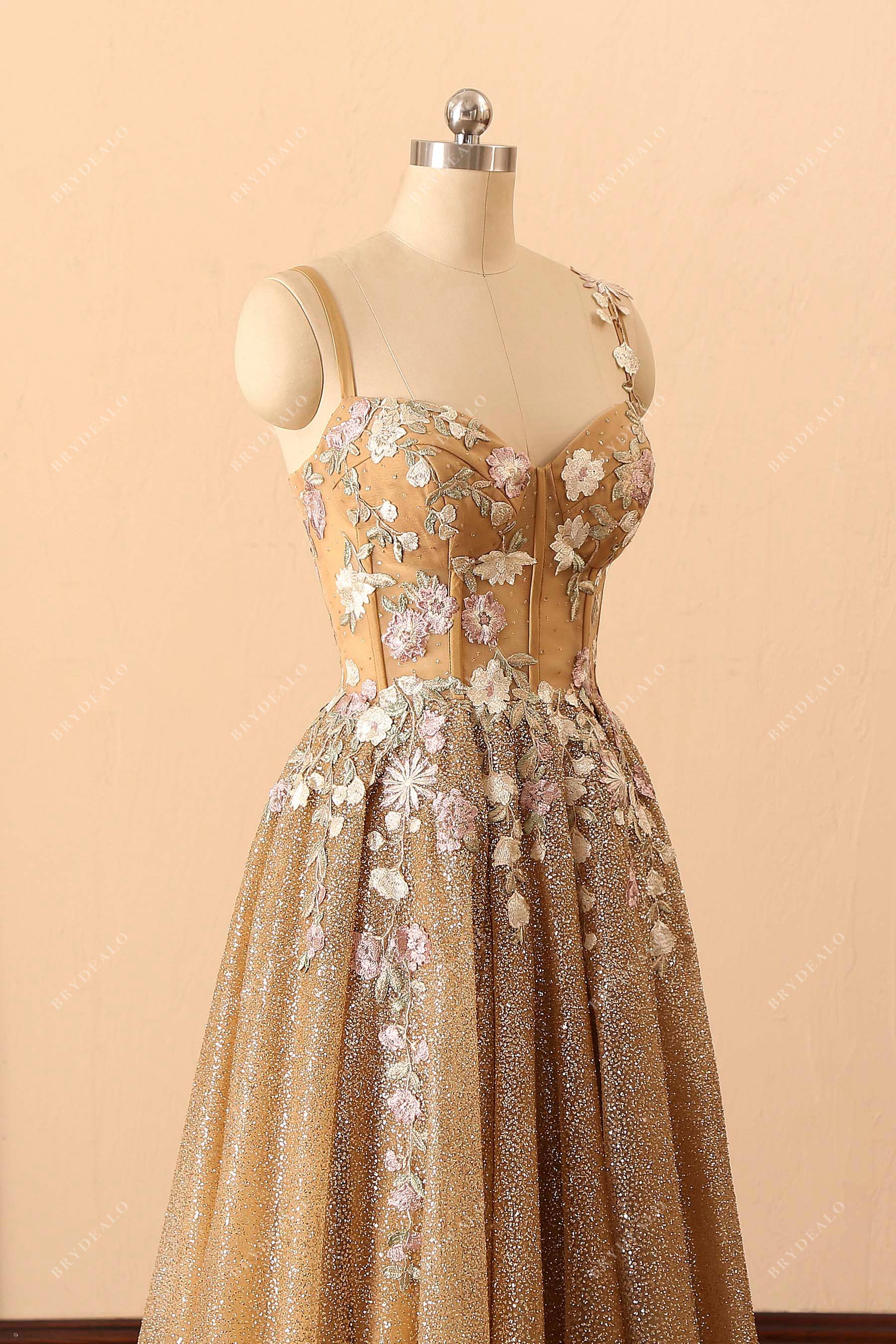 gold glitter embroidery corset A-line prom dress