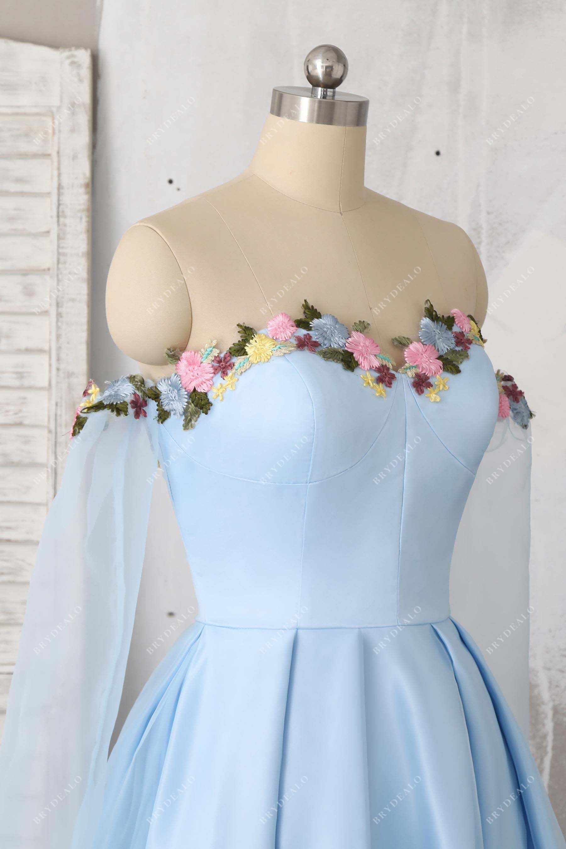flowers off shoulder tulle prom dress