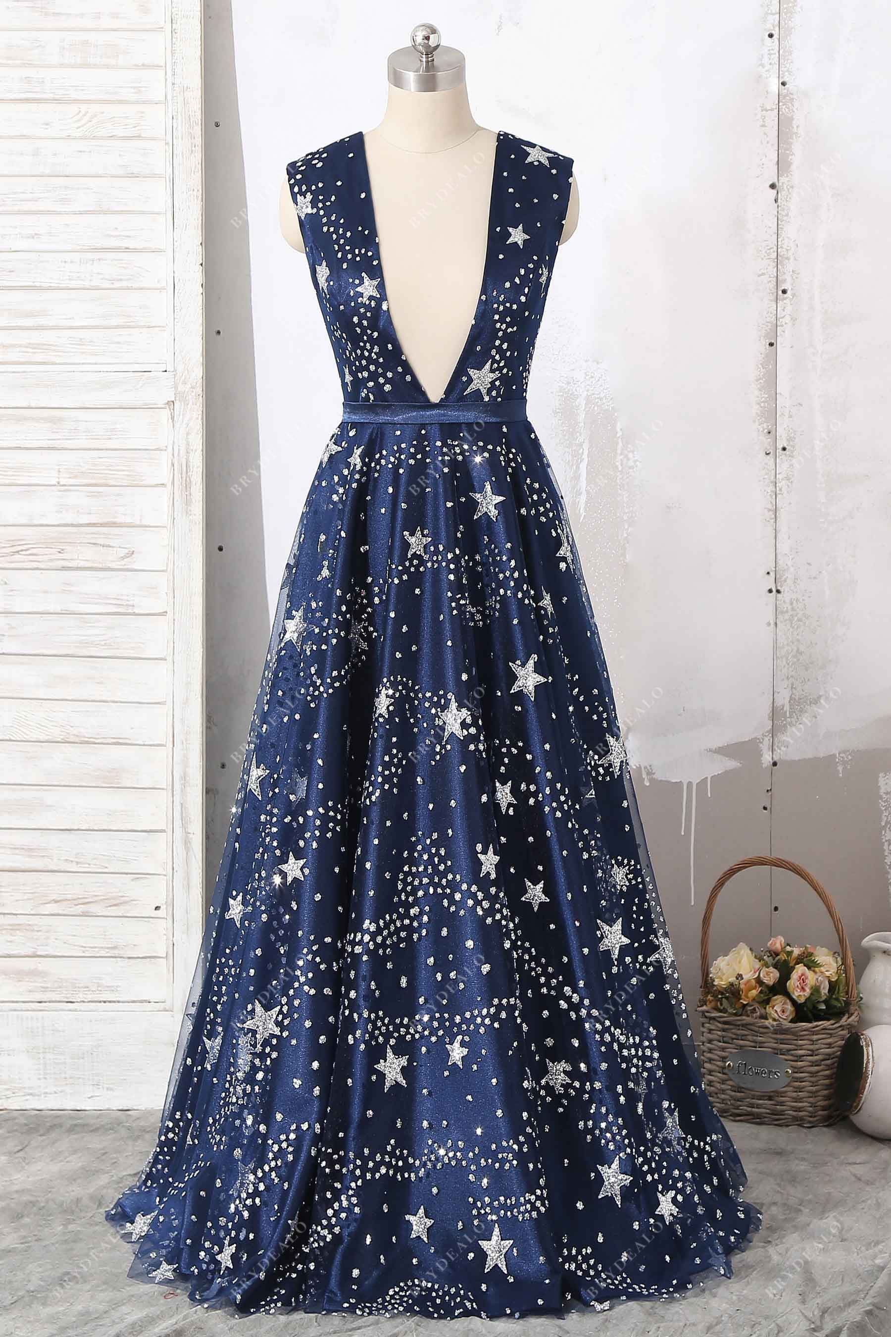 plunging neck sleeveless glitter stars prom dress
