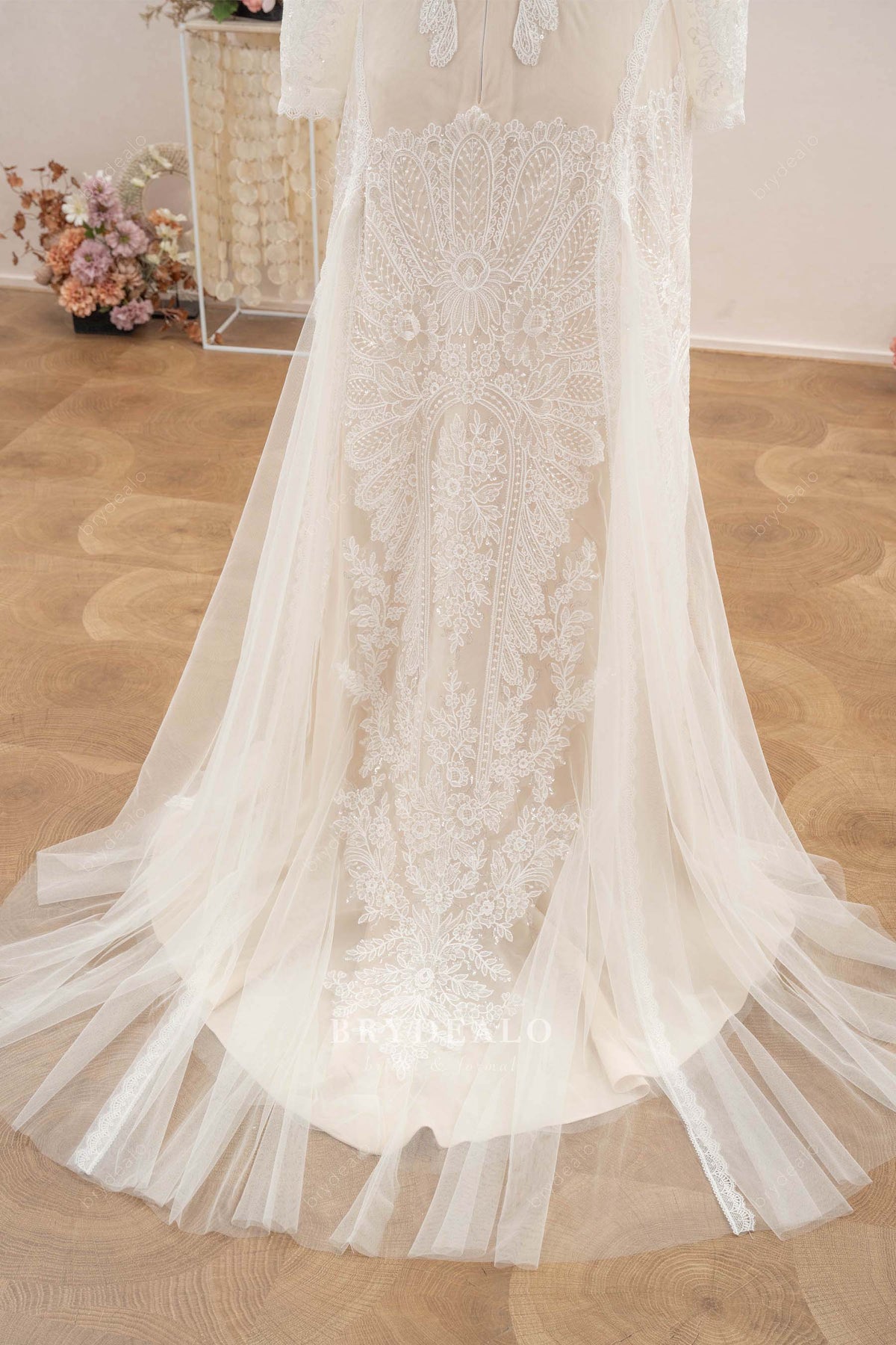 godet lace tulle wedding dress