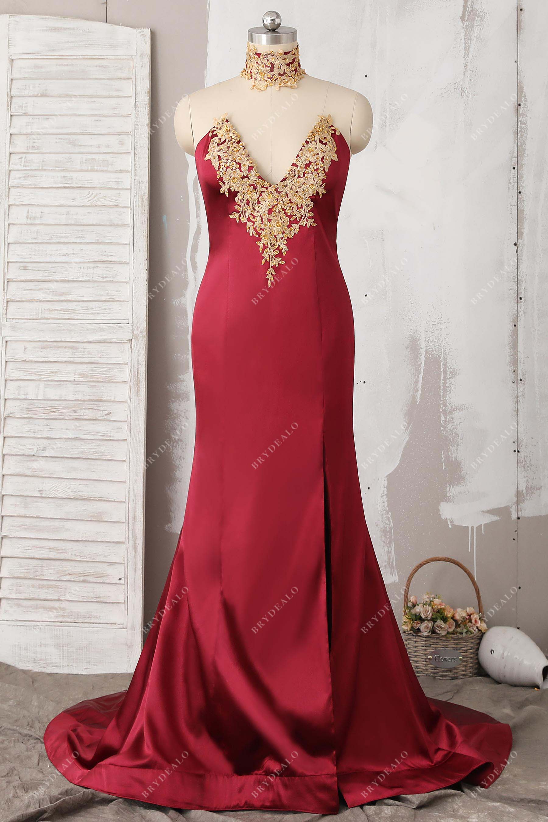 gold lace applique satin slit mermaid prom dress
