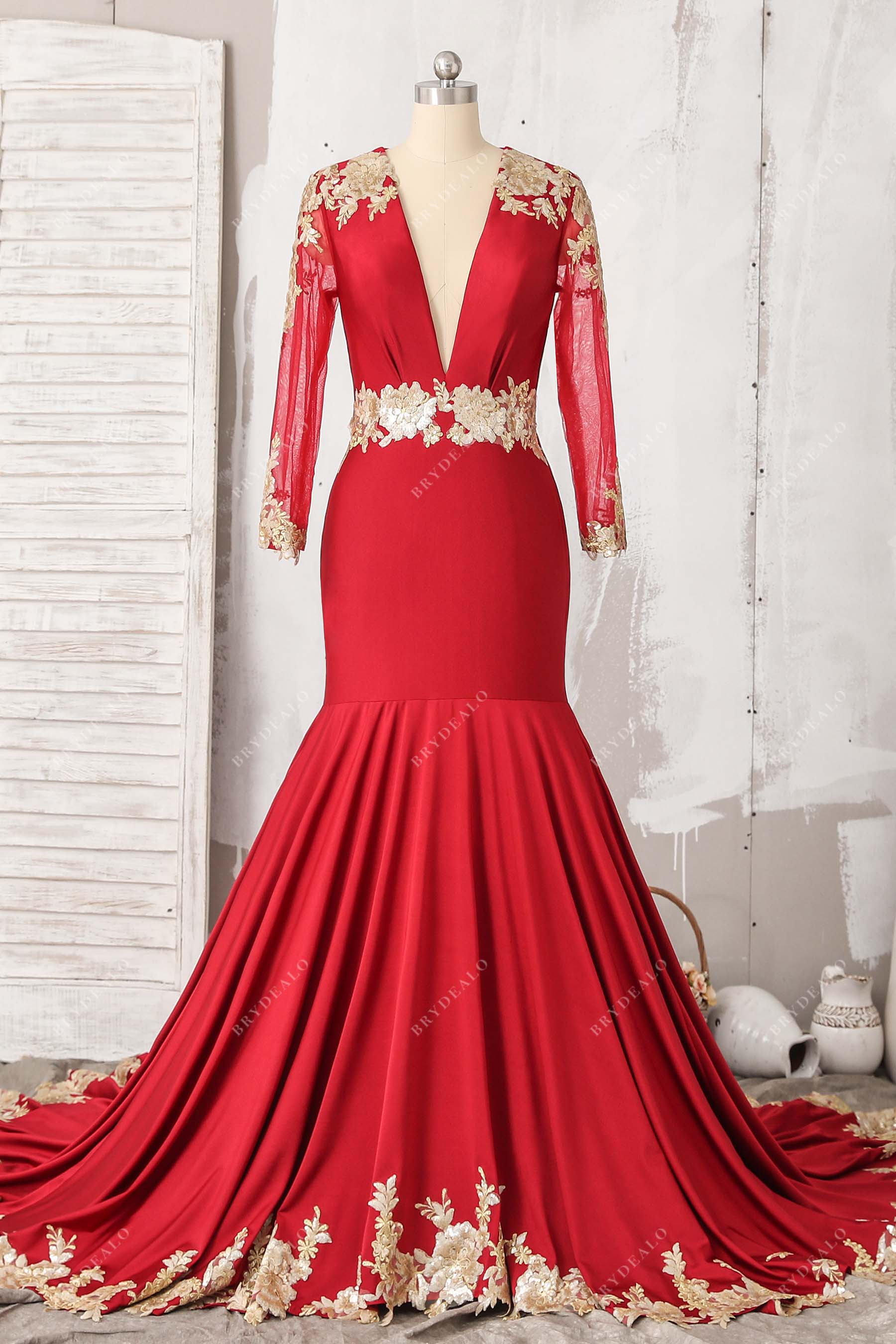 red plunging neck mermaid prom dress