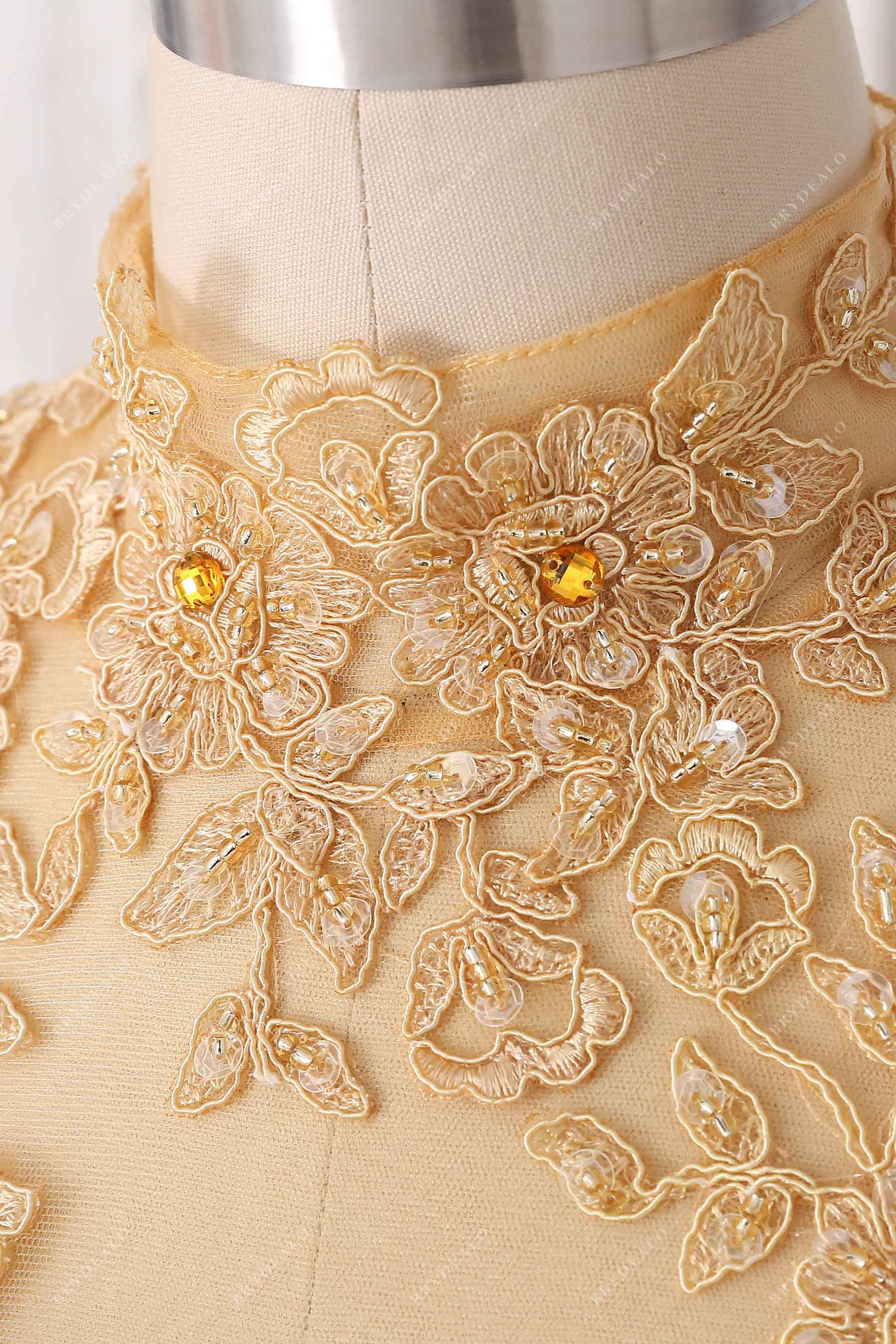 beaded lace applique high neck dress