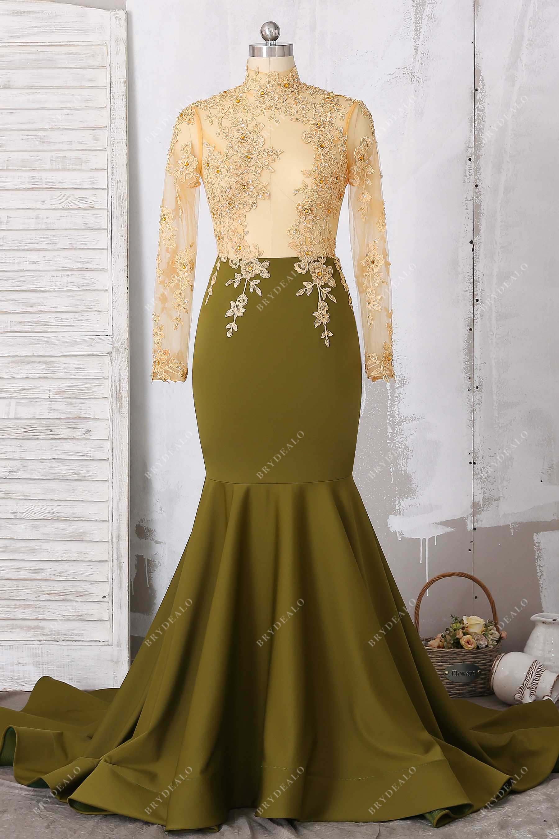 gold lace beaded olive jersey mermaid prom dress