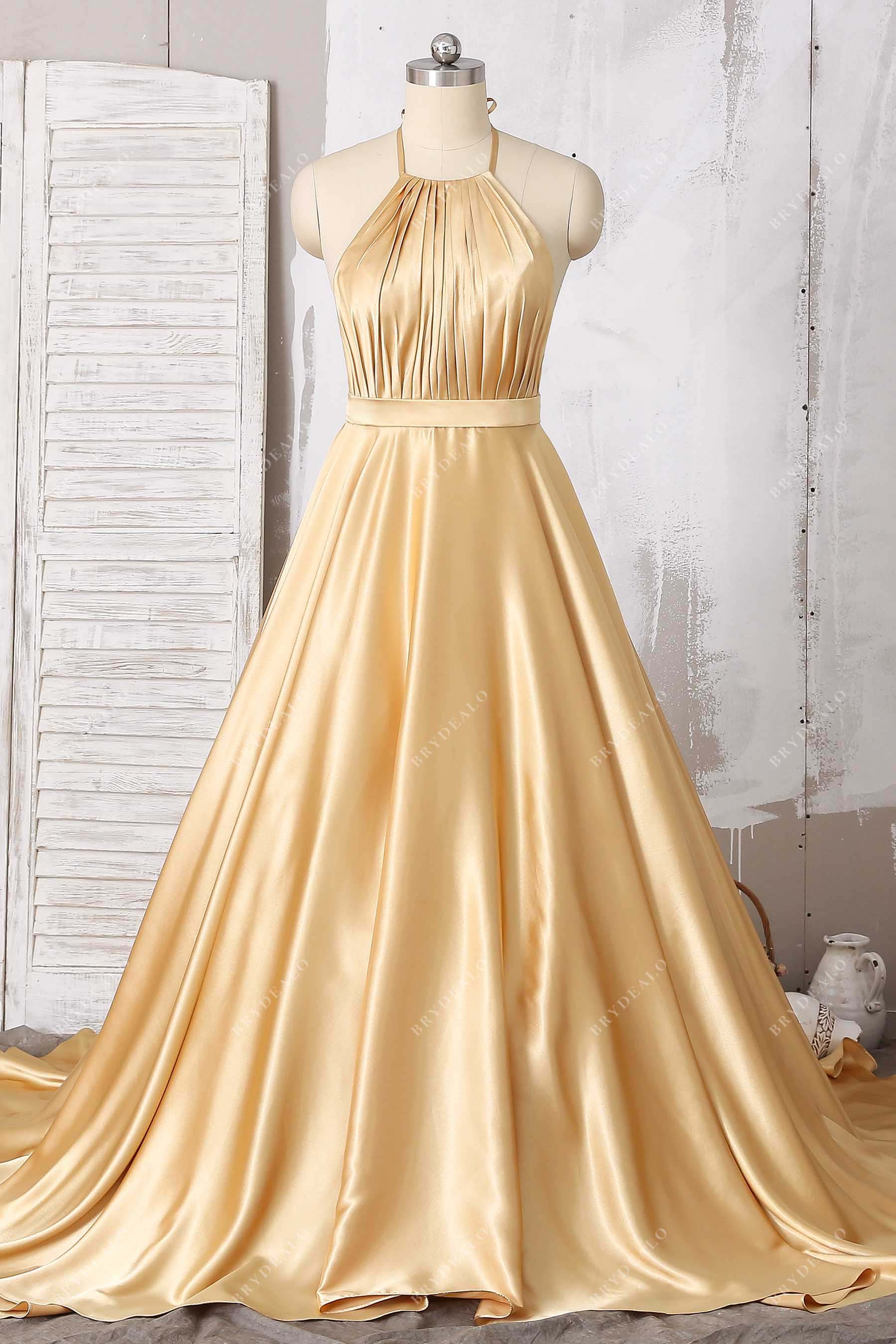 gold charmeuse halter A-line pleated prom dress