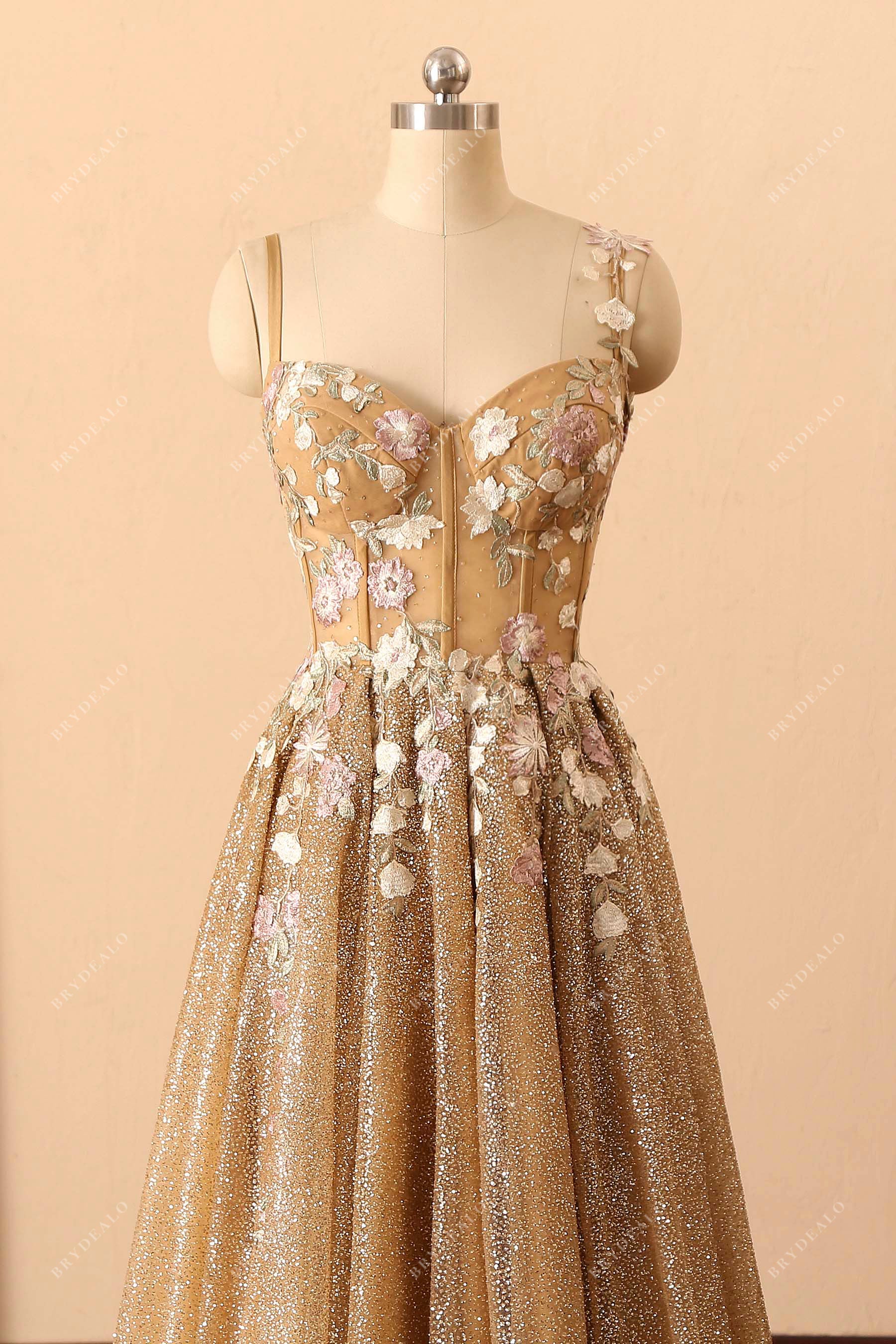 thin straps flowers embroidery corset prom dress