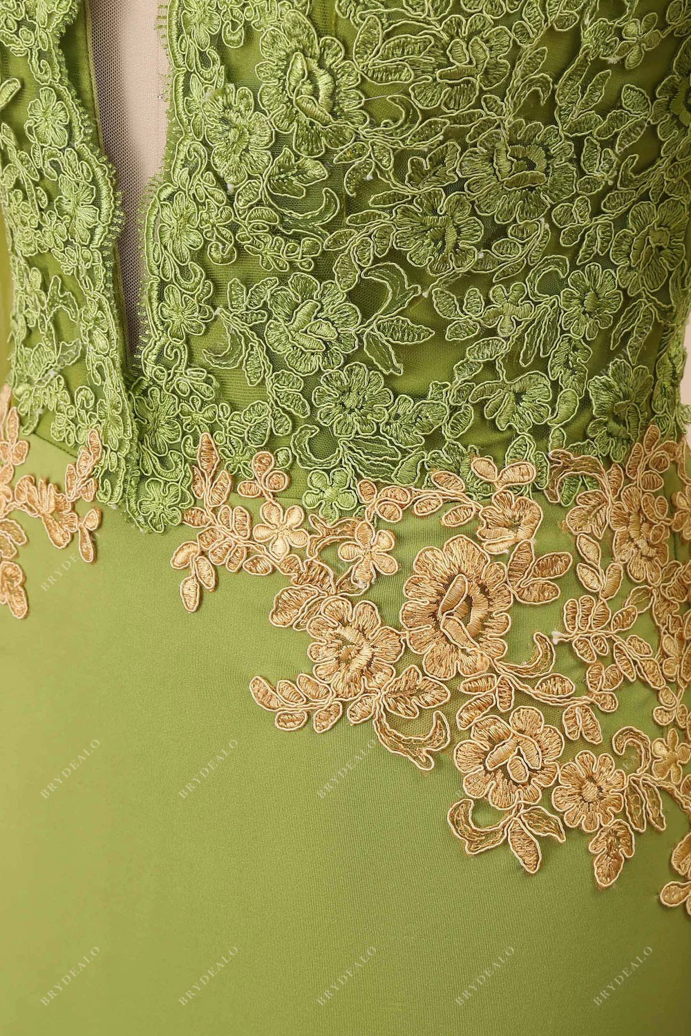 gold green lace applique prom dress