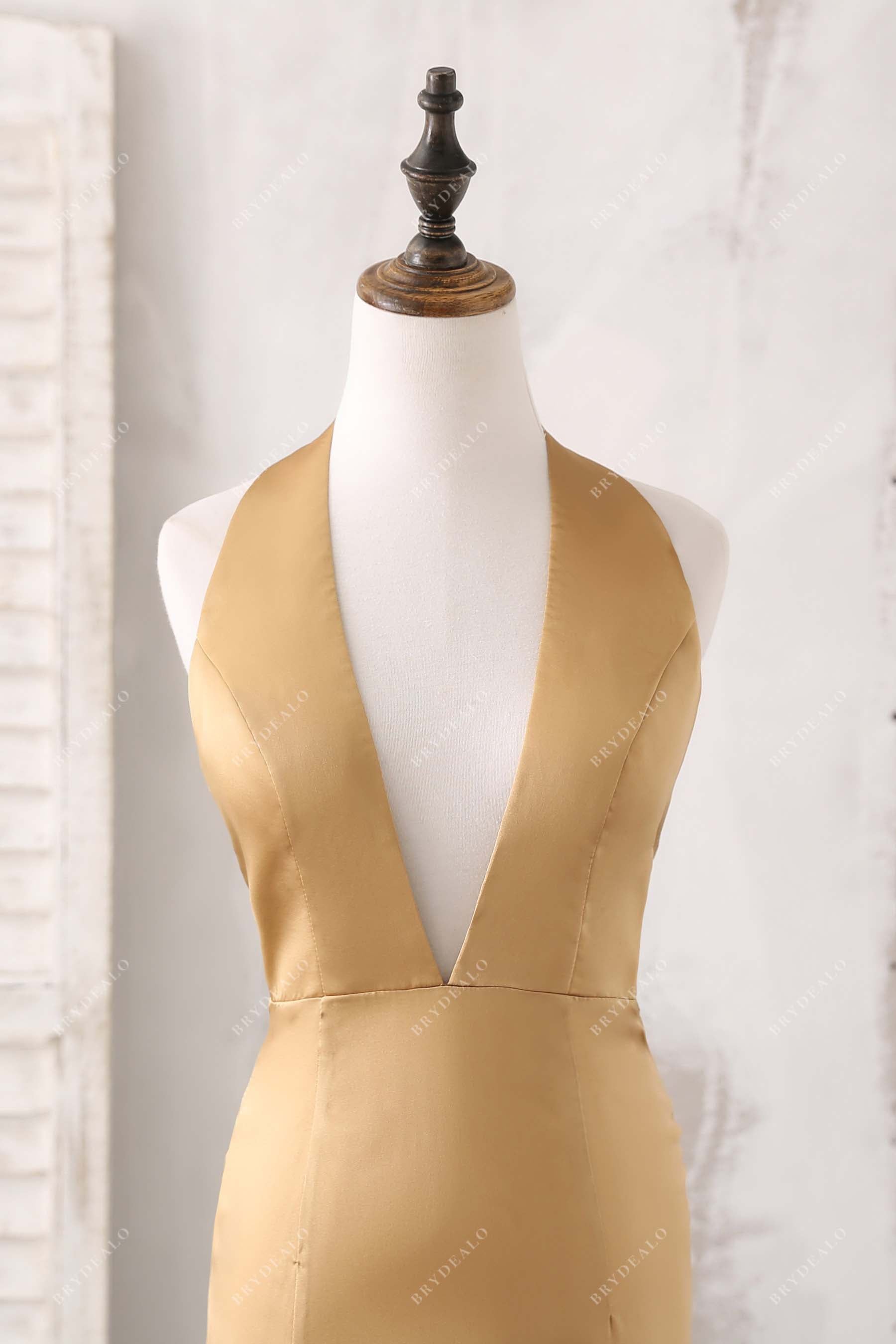 gold plunging neck halter prom dress 