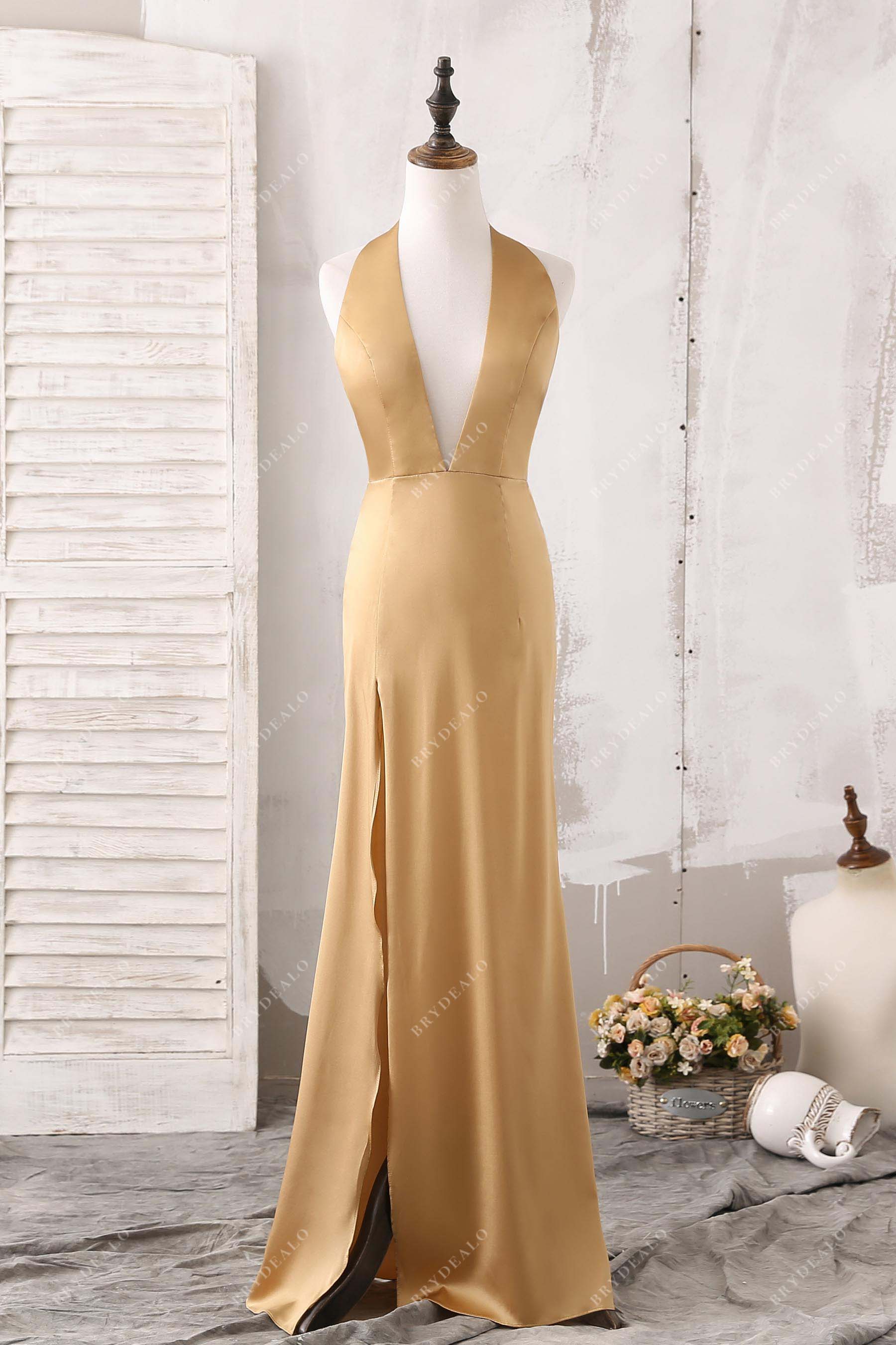 gold plunging neck high slit prom dress