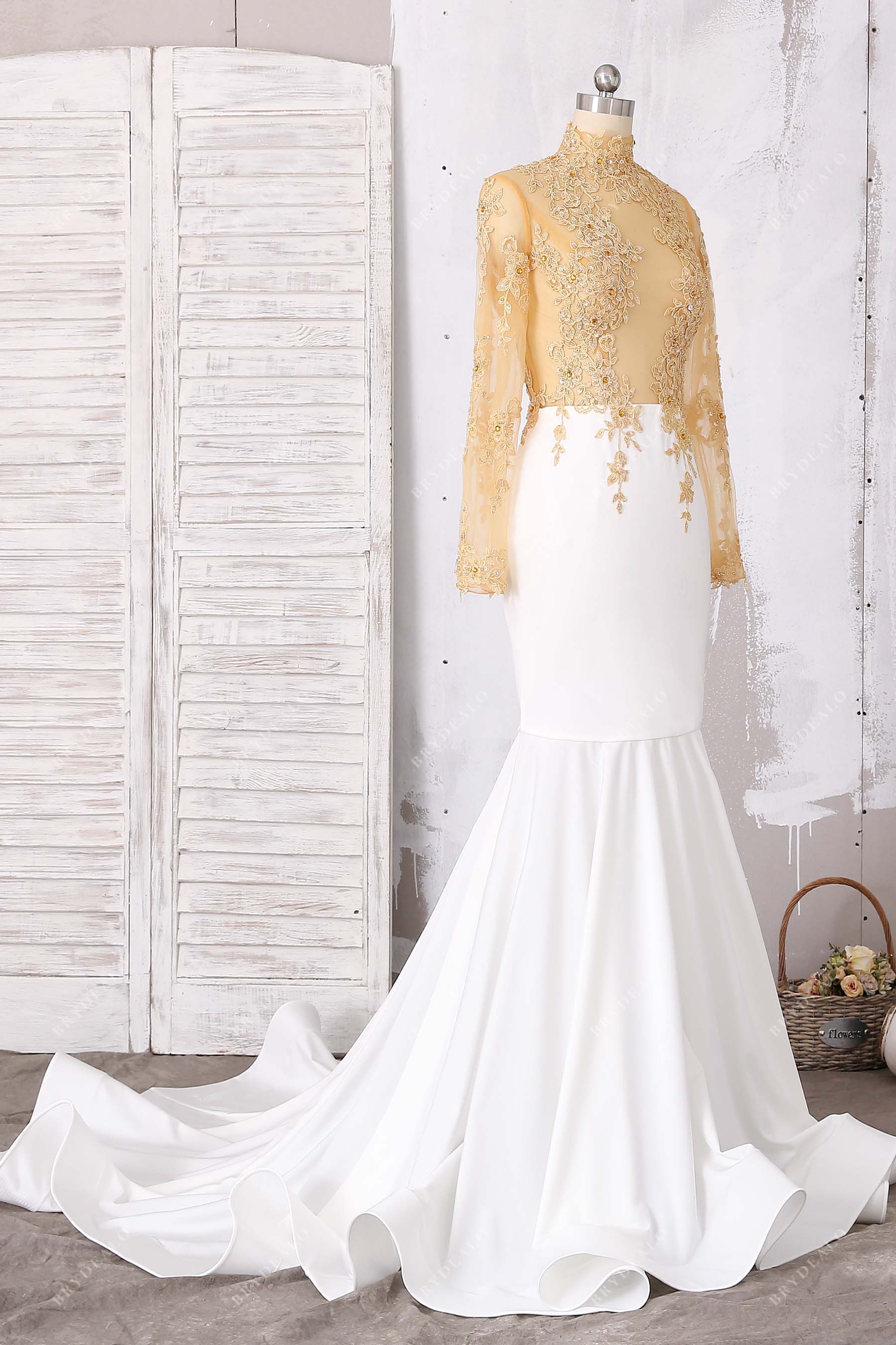 lace applique long train formal dress