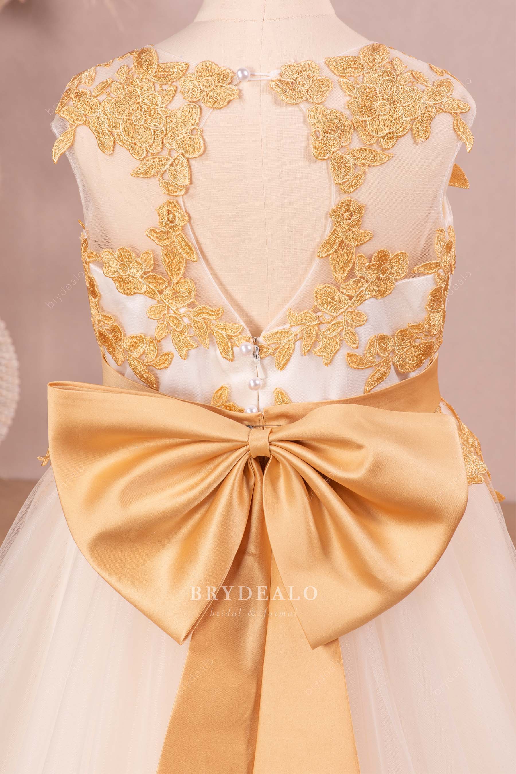 gold lace keyhole back little girl dress
