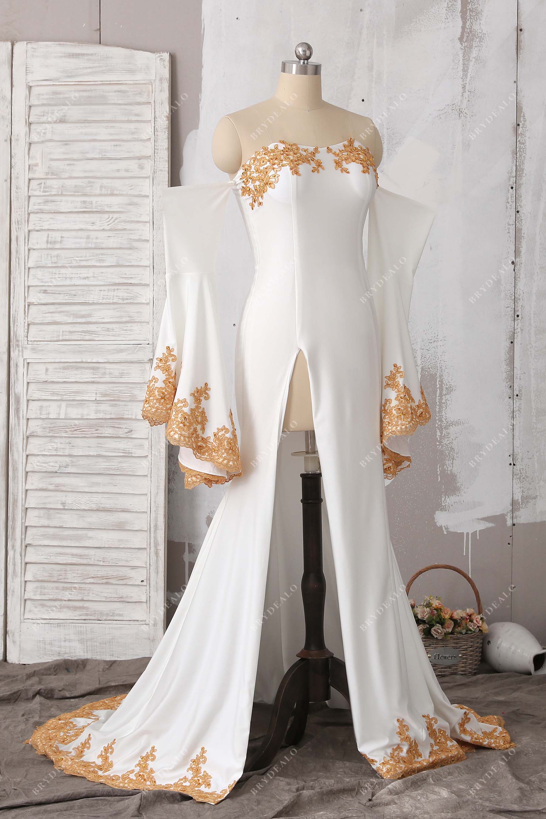 gold lace applique high slit prom dress