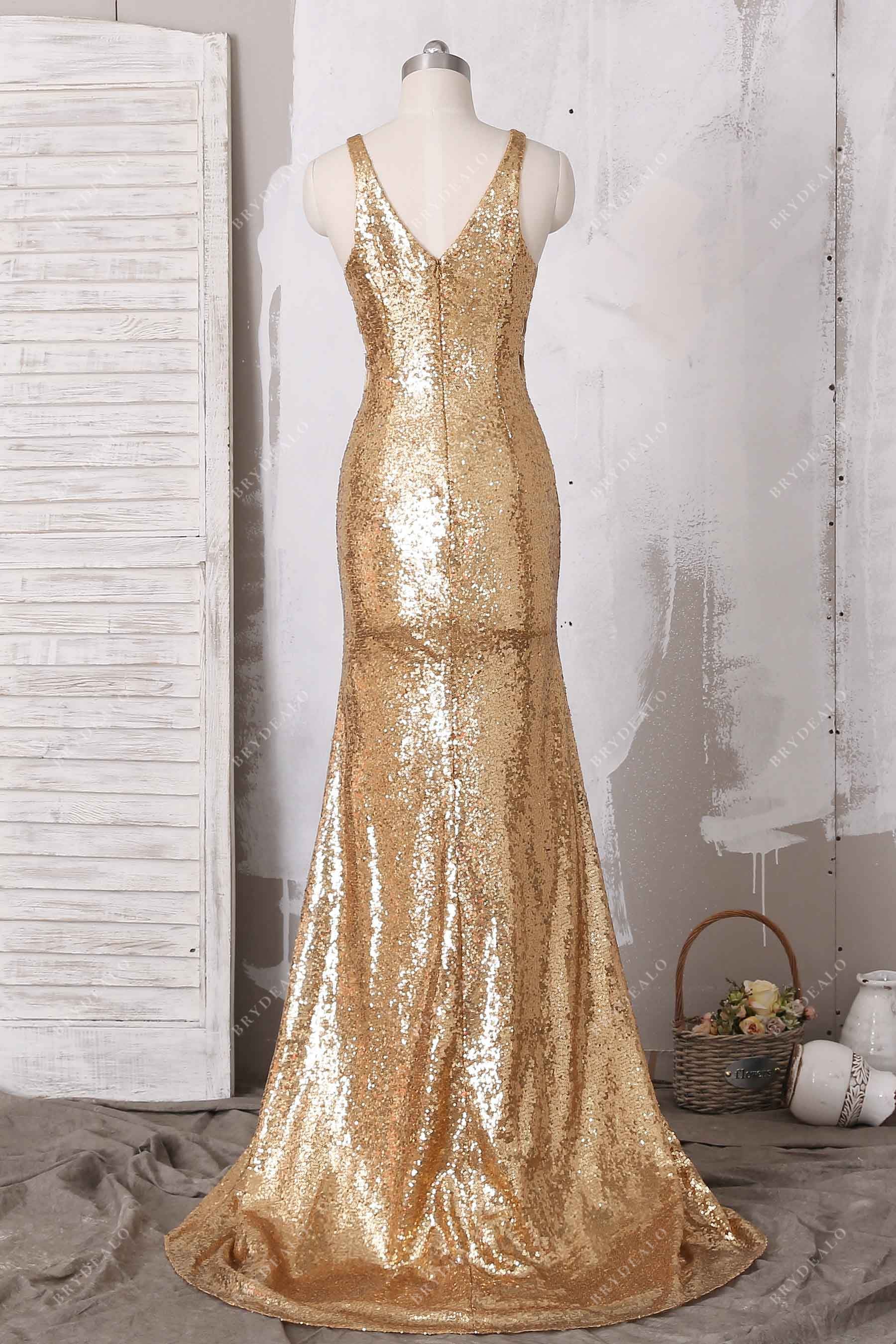 gold sequin V-back mermaid prom gown