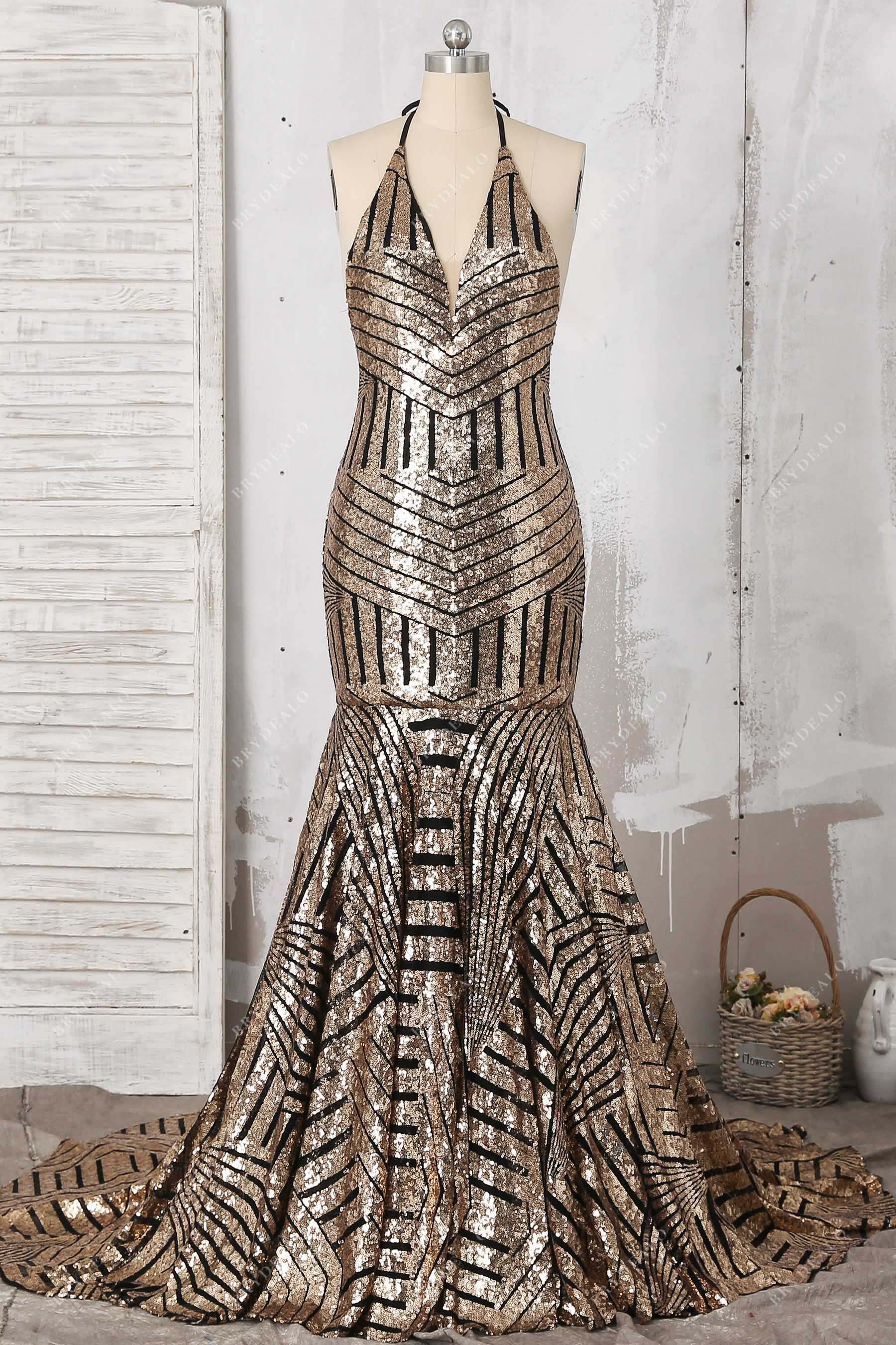 gold sequin halter mermaid prom dress 