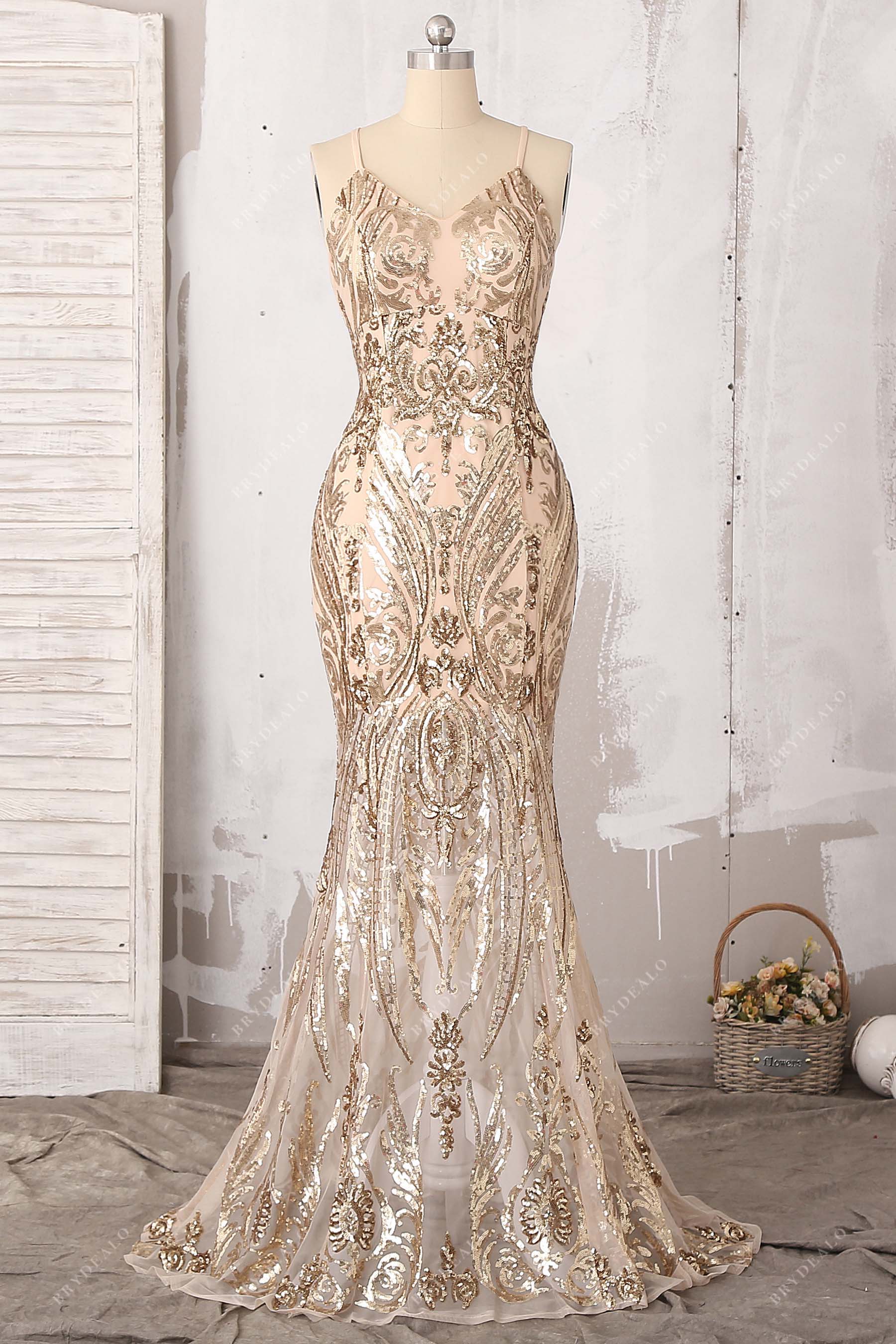 Unique Gold Sequin V-neck Mermaid Prom Dress