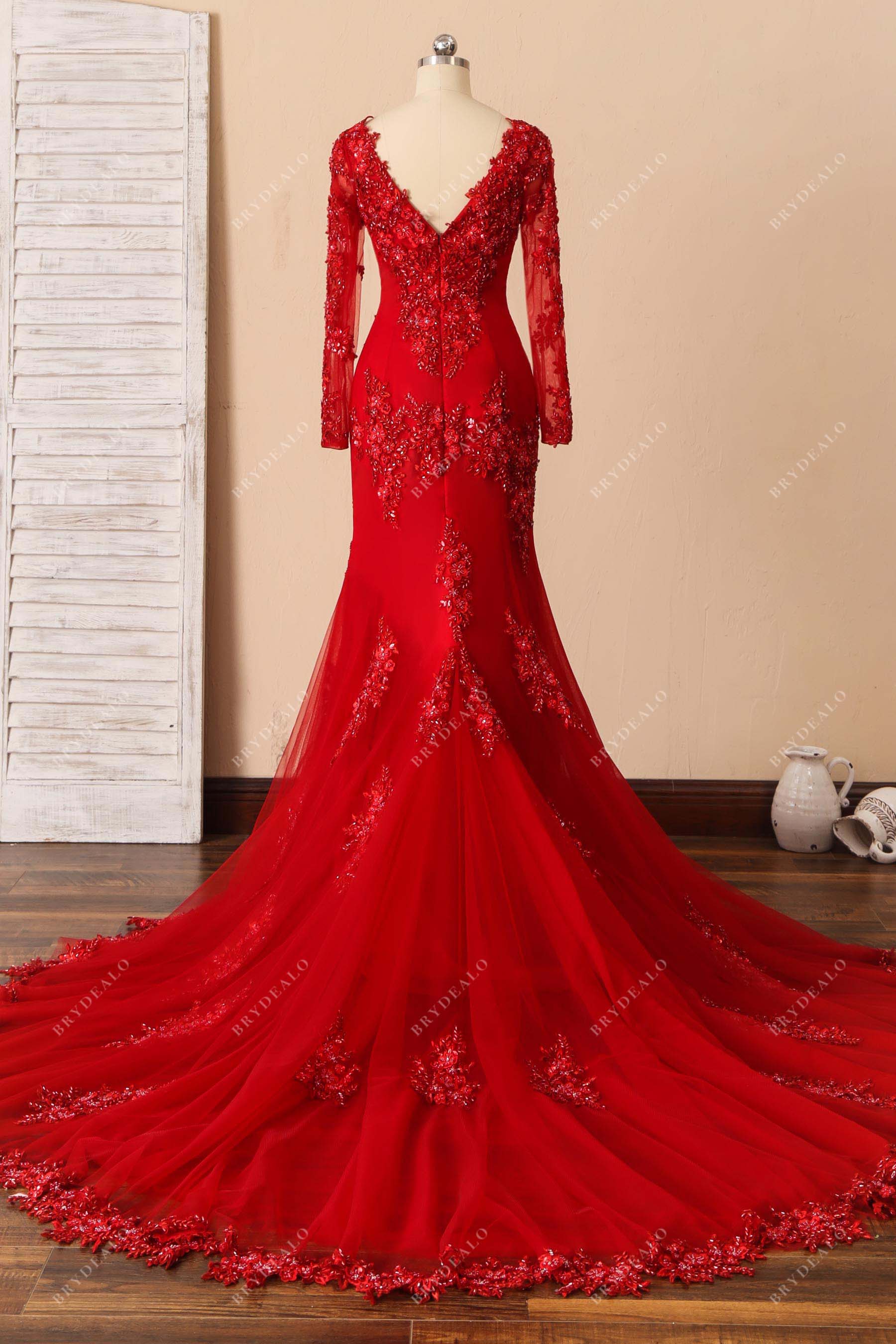 v-back sheer sleeve long train formal dress